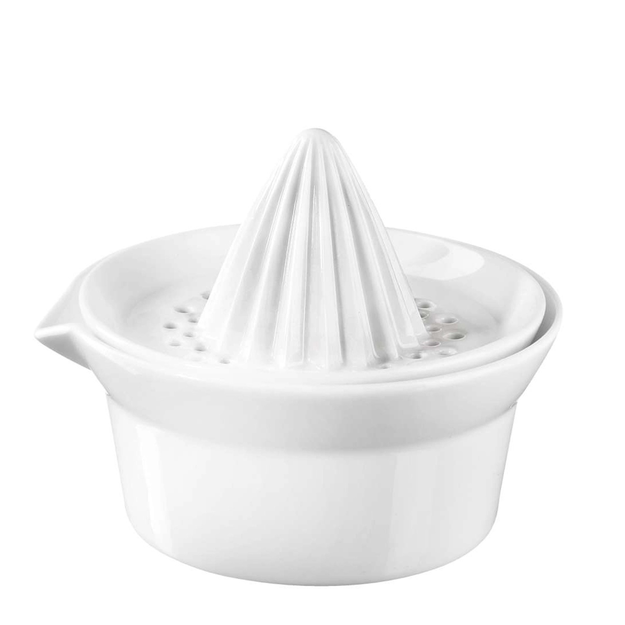 A white porcelain citrus juicer with a sleek and minimalist design, perfect for extracting juice from lemons, limes, and other citrus fruits.