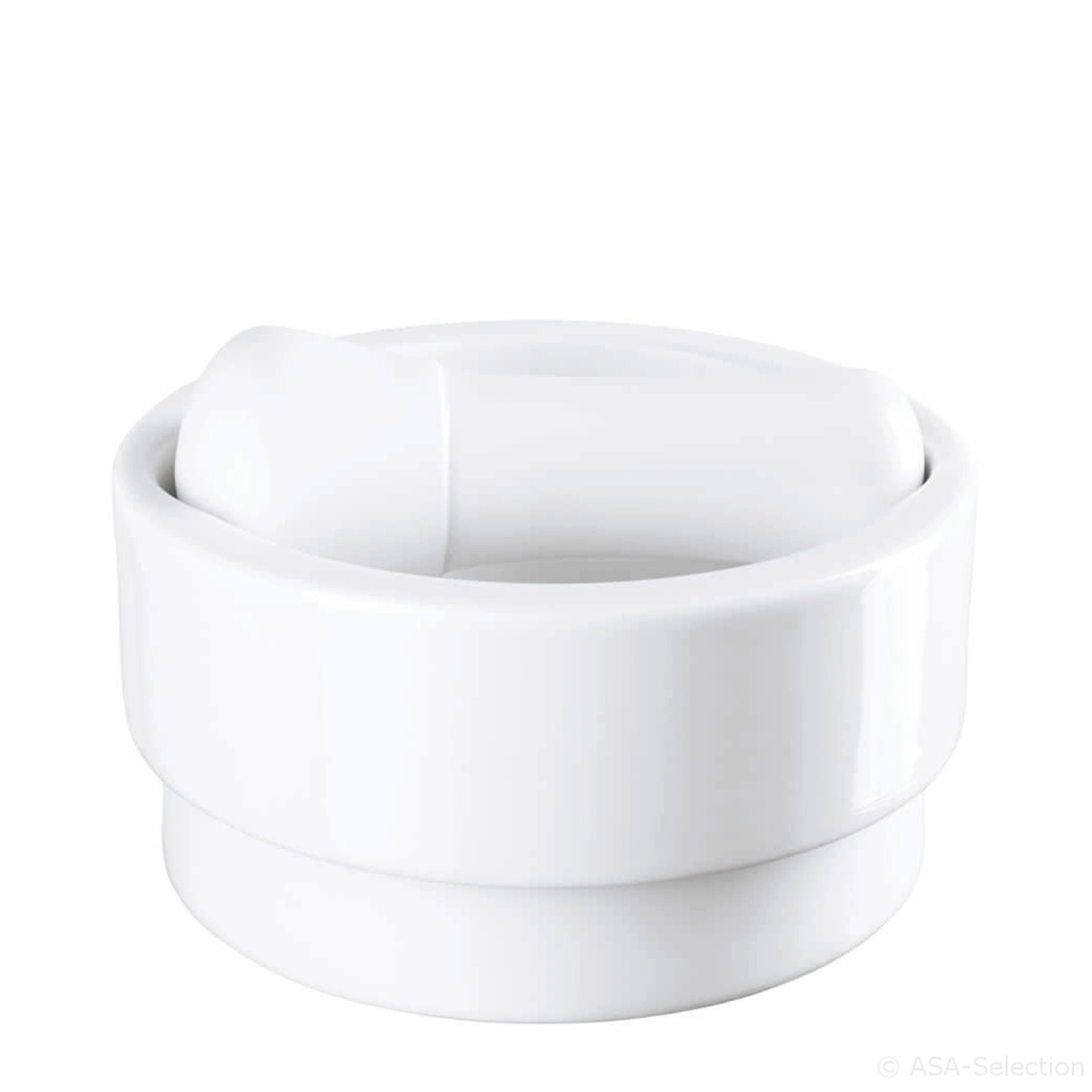 White porcelain mortar and pestle set, ideal for grinding and mixing herbs, spices, and other ingredients.