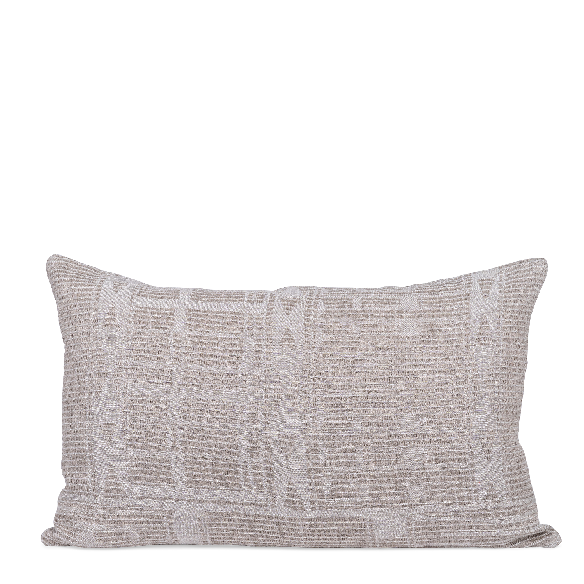 This rectangular cushion cover features a detailed woven pattern in natural shades. The design includes geometric shapes and intricate textures, giving it a modern yet artisanal look.