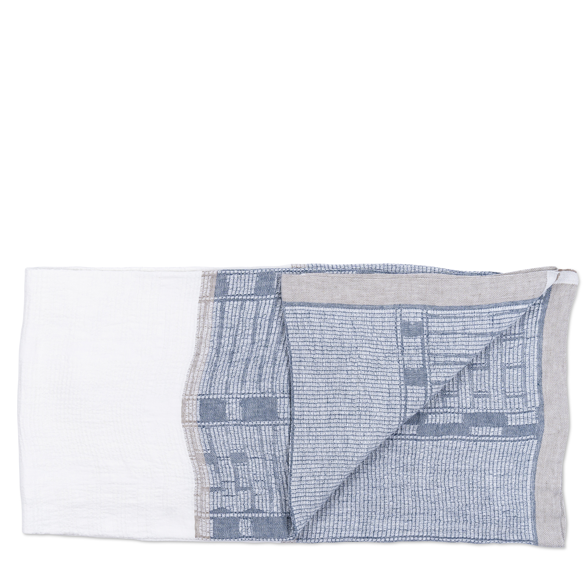 This linen throw features a combination of white and navy sections, accented with gray borders. The blue section displays intricate patterns, and adds a touch of simple elegance and texture to your home.