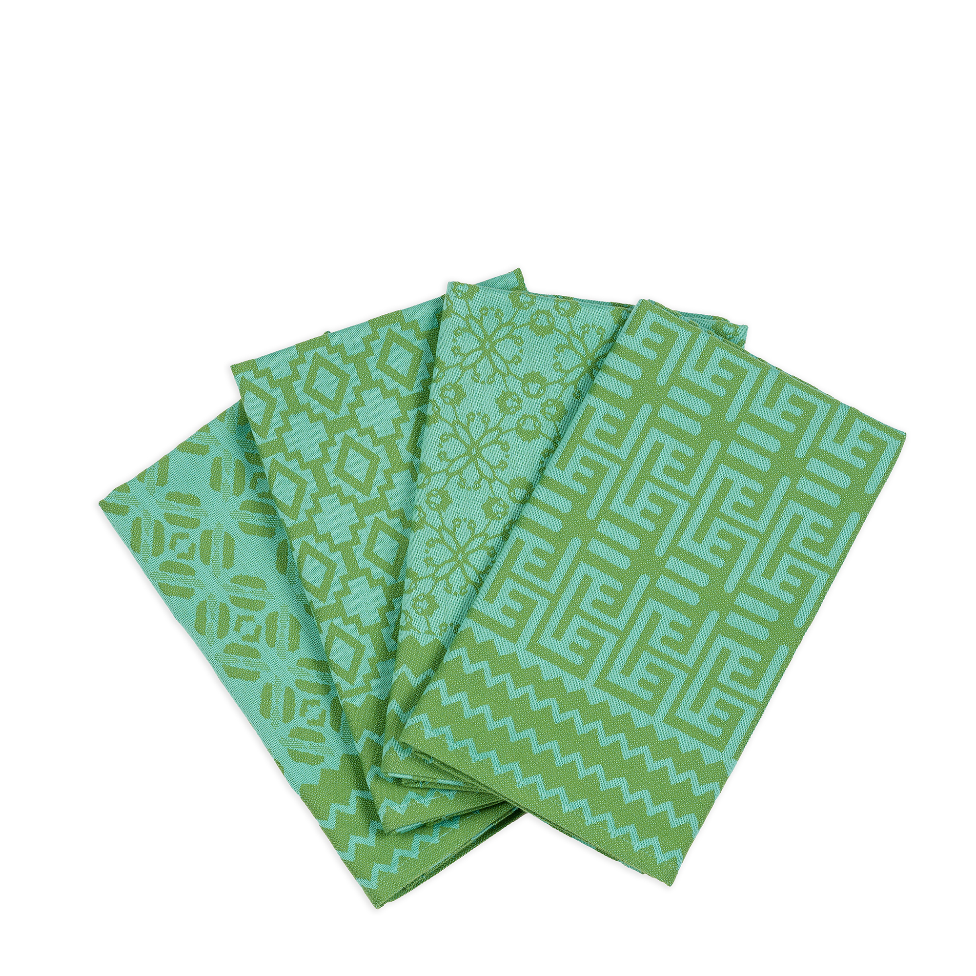 A set of four napkins in lighter and darker green with a stunning array of African-inspired patterns, woven from 100% African cotton.