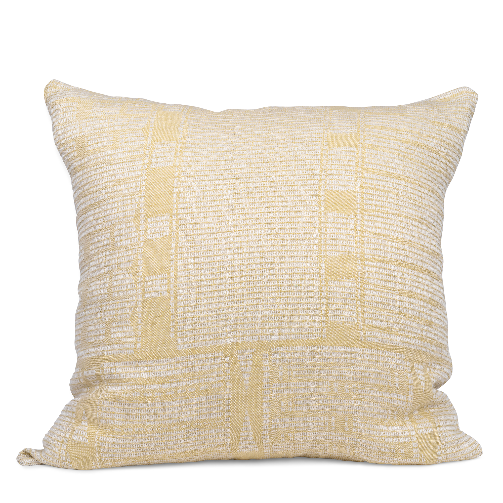 This square cushion cover features a detailed woven pattern in shades of yellow and white. The design includes geometric shapes and intricate textures, giving it a modern yet artisanal look.