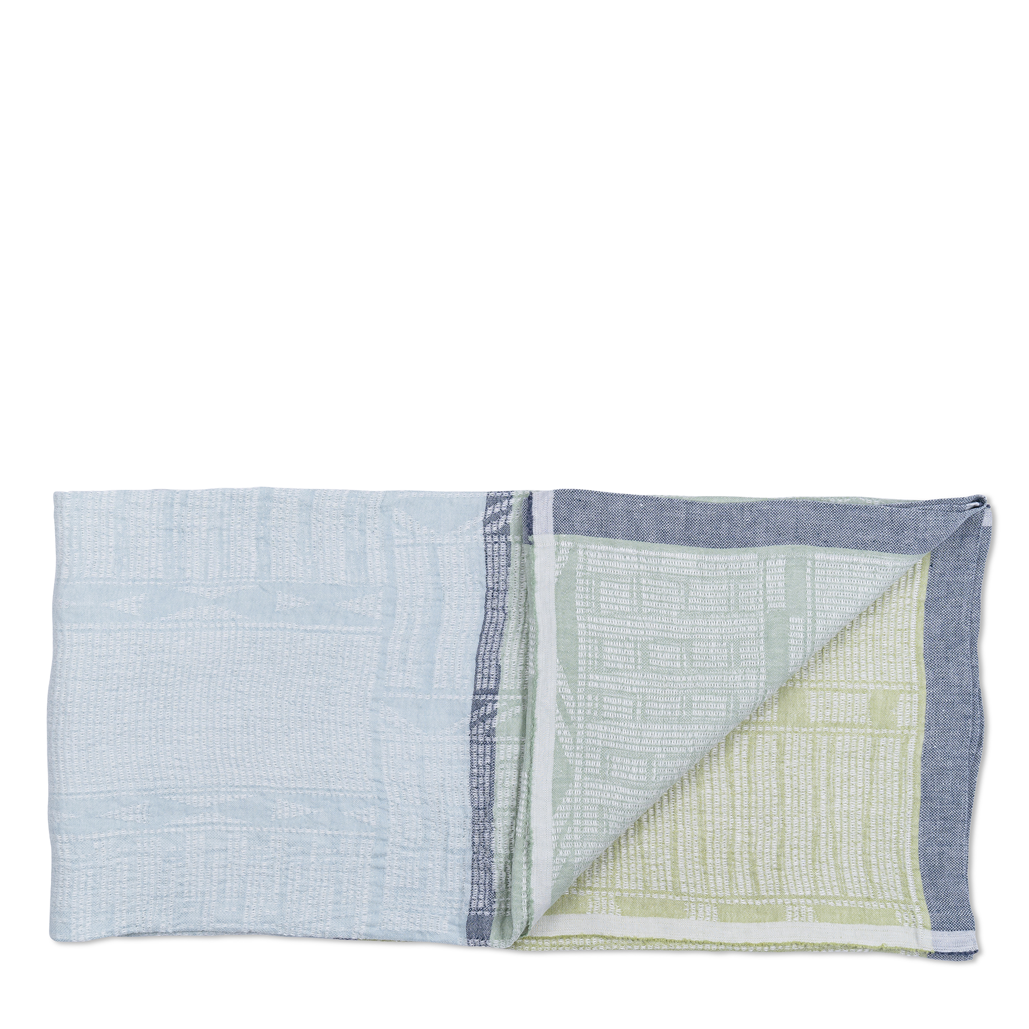 This linen throw features a blend of light blue and green sections, bordered with a darker blue edge. The green section displays intricate woven patterns, and adds a touch of simple elegance and texture to your home.