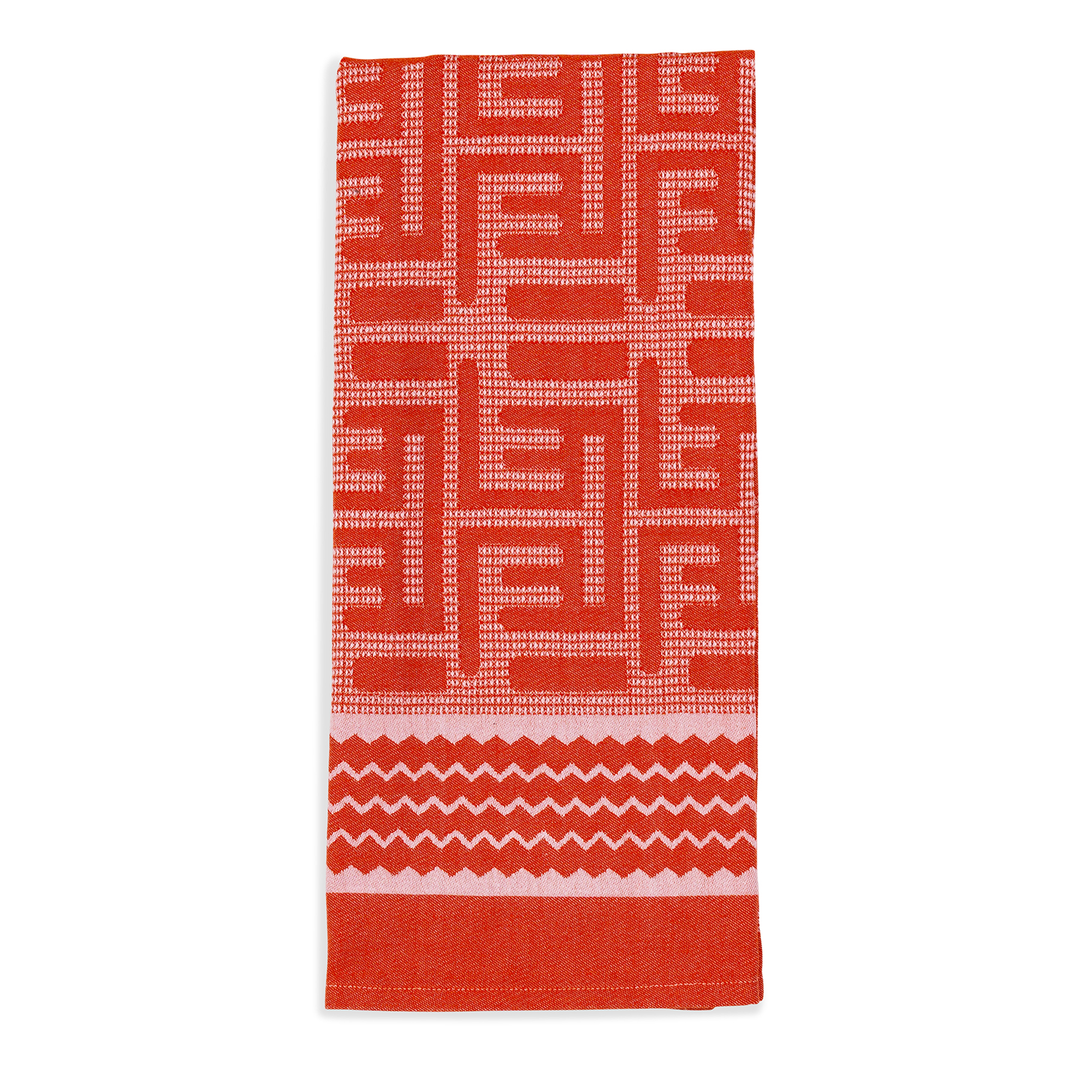A hand towel in orange and white with a geometric pattern, made from 100% cotton fabric, perfect for everyday use at home or on the go.