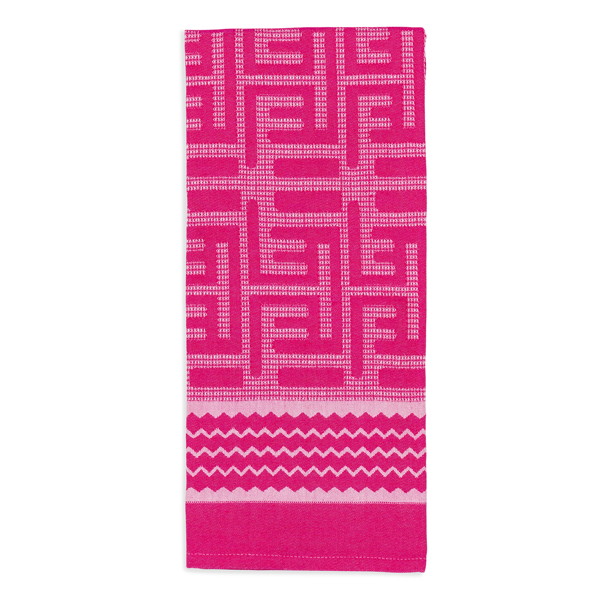 A hand towel in pink and white with a geometric pattern, made from 100% cotton fabric, perfect for everyday use at home or on the go.
