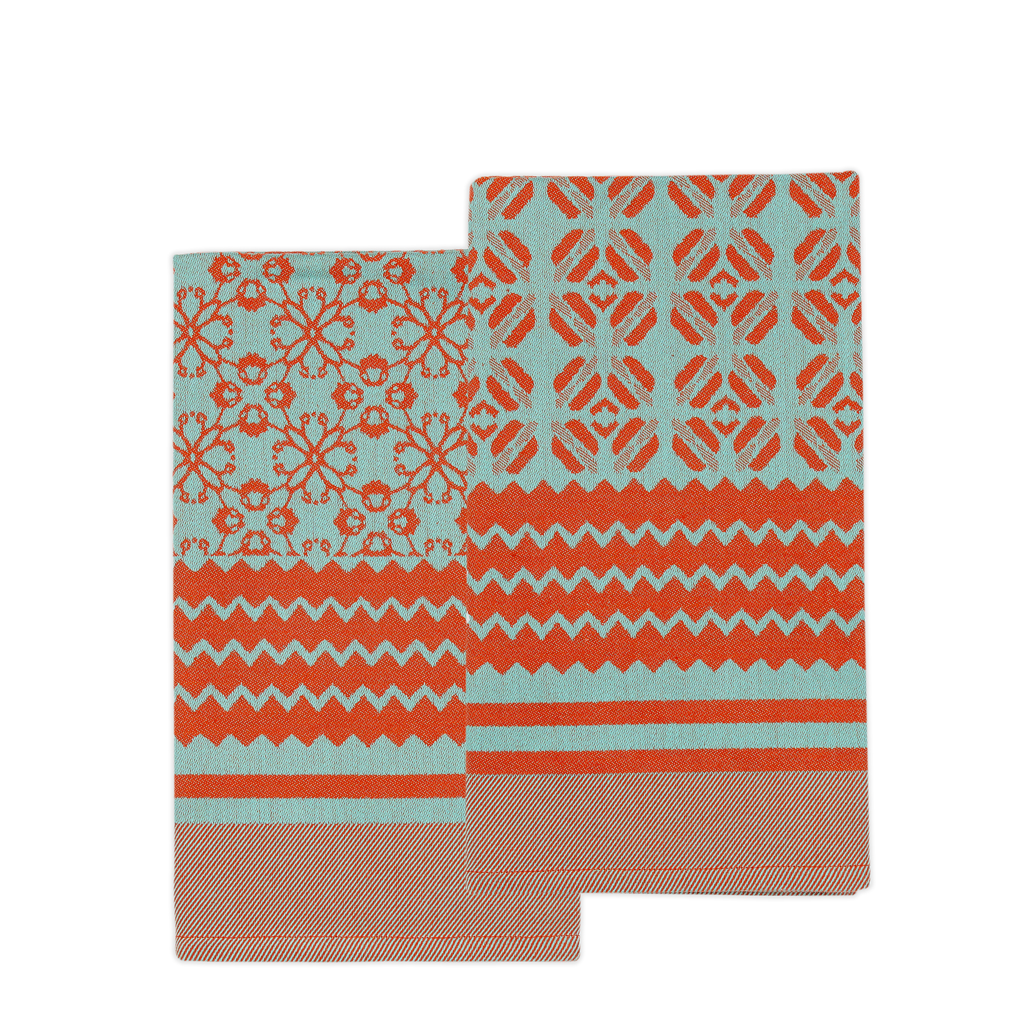 Unique tea towels inspired by Africa's rich culture, jacquard woven from 100% African cotton. Featuring diverse African patterns including floral designs in orange and green, these dish towels add vibrancy to your kitchen and intrigue guests.