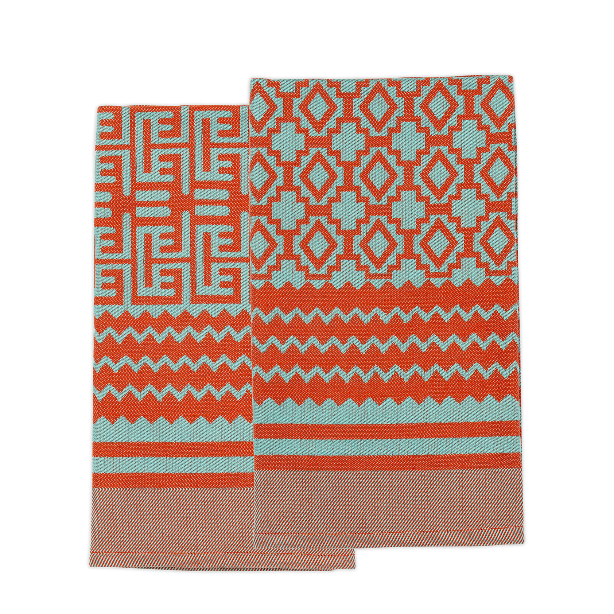 Unique tea towels inspired by Africa's rich culture, jacquard woven from 100% African cotton. Featuring diverse African patterns including geometric designs in orange and light green, these dish towels add vibrancy to your kitchen and intrigue guests.