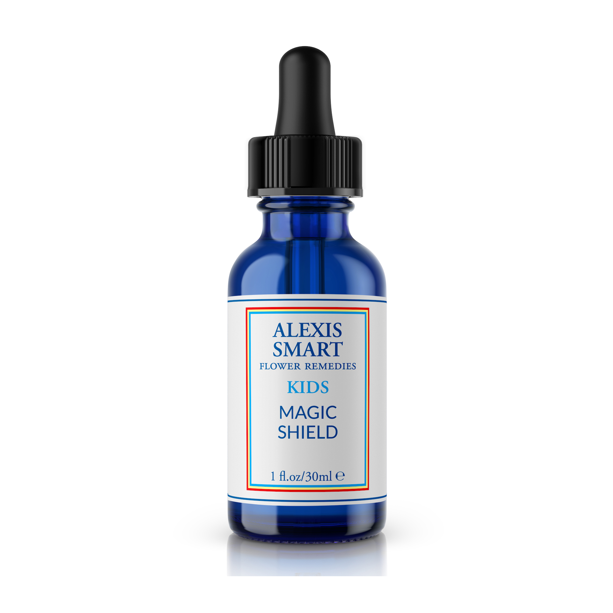 A 30 ml bottle filled with natural remedy designed to reduce anxiety, timidity, and fears in children, making them feel safe.