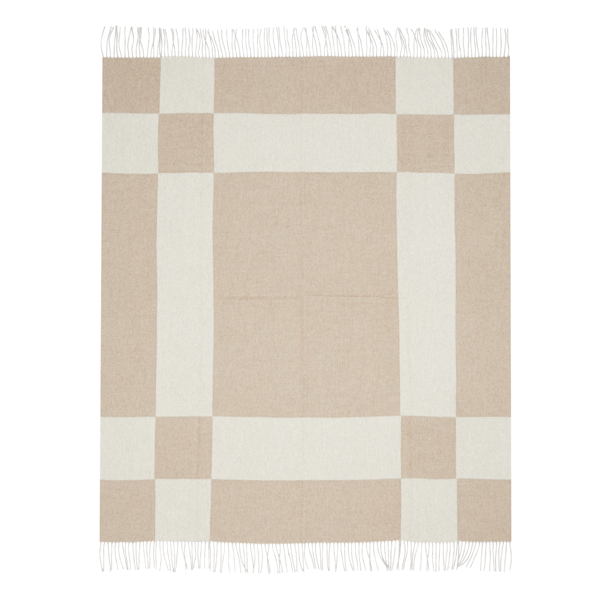Cashmere rectangles in a monochromatic scheme, carefully hand-sutured to create a luxurious throw. Elegant and contemporary, this ivory-hued piece offers luxurious softness.