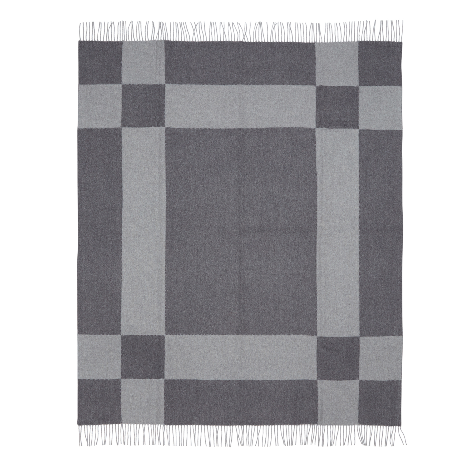 Cashmere rectangles in a monochromatic scheme, carefully hand-sutured to create a luxurious throw. Elegant and contemporary, this grey-hued piece offers luxurious softness.
