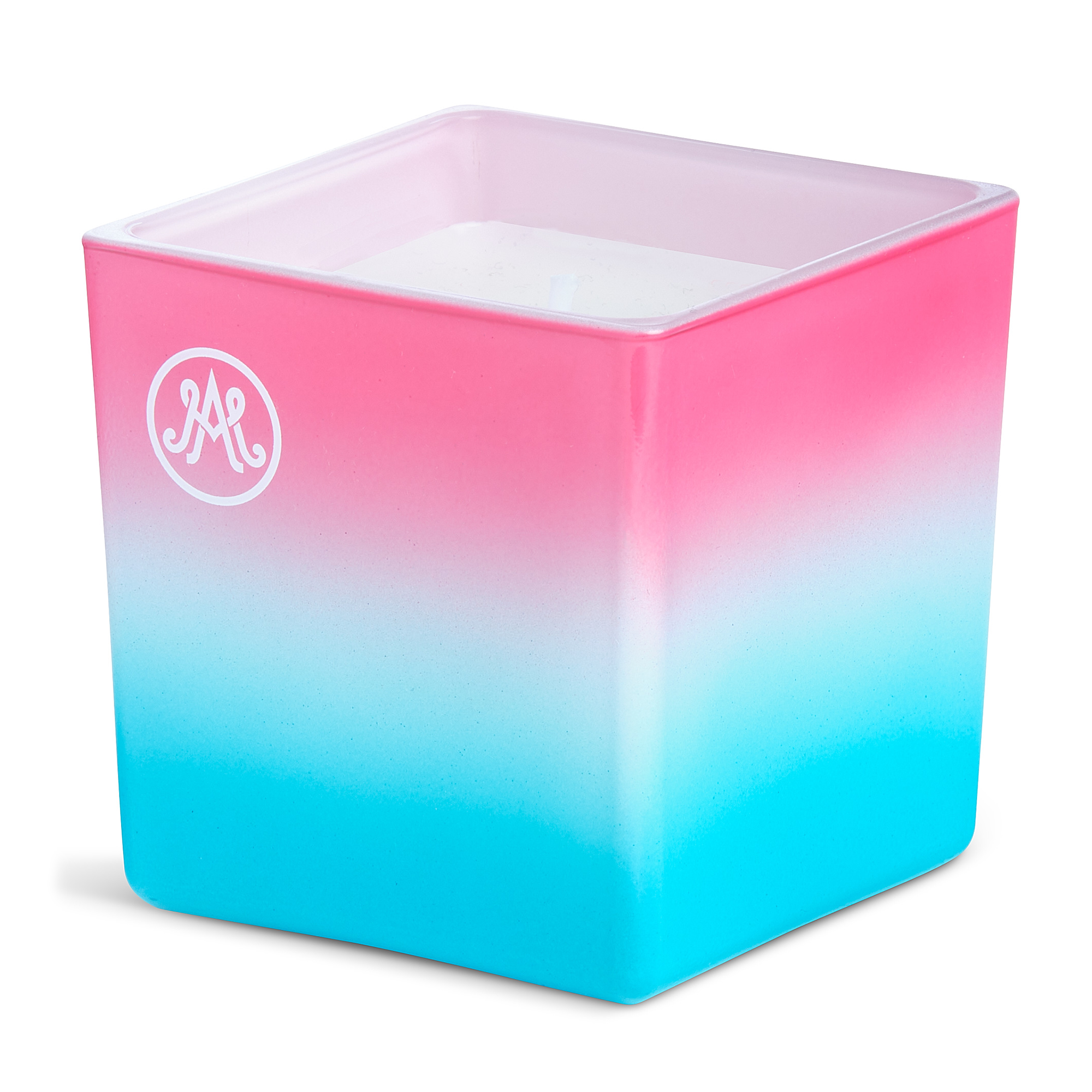 Candle with soft shades of blue transitioning into thin white and pink, featuring the scent of Lily of the Valley and fresh grass wafting through the air.