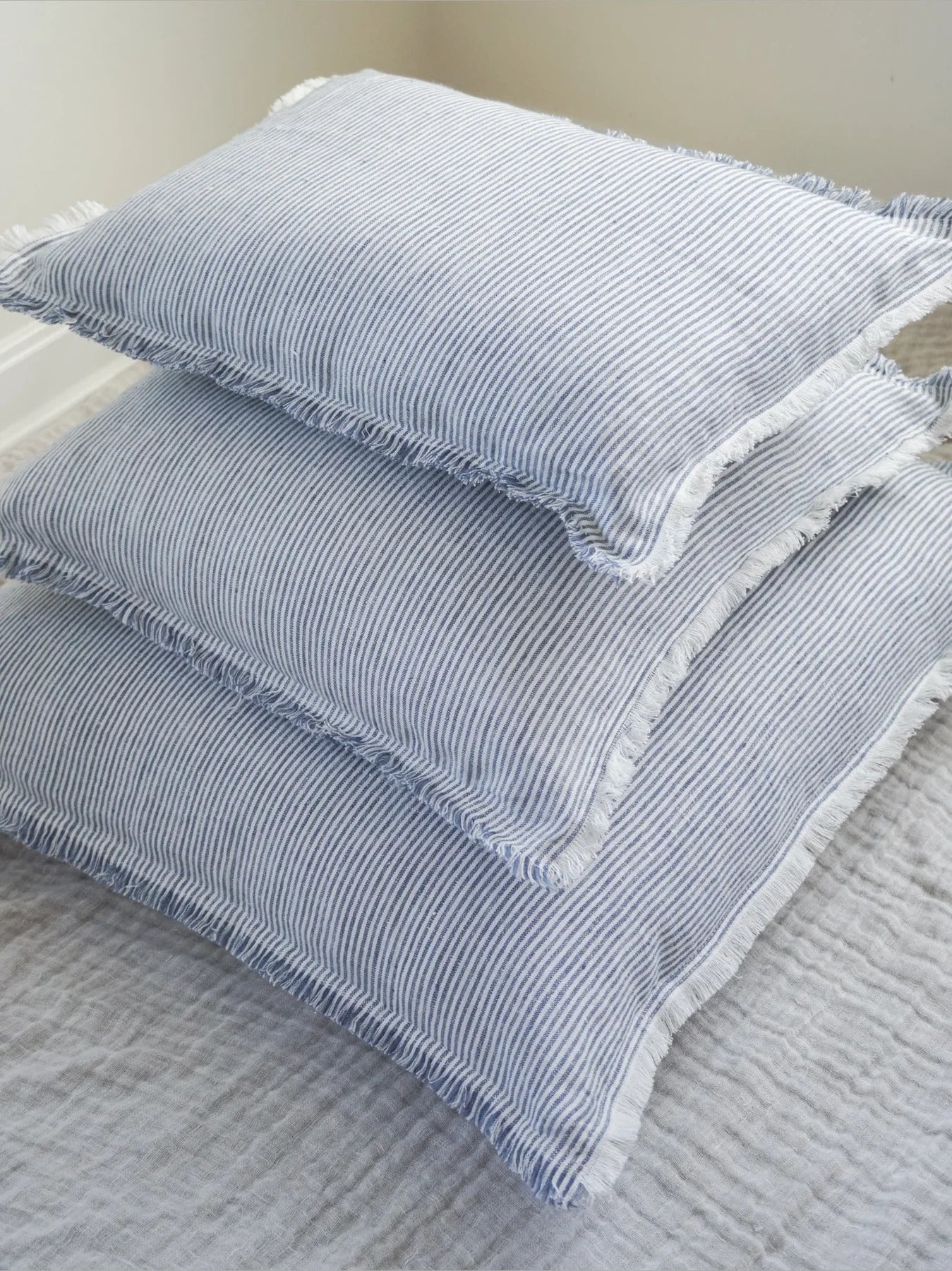 Pinstripe Fringe Linen Pillow - Blue