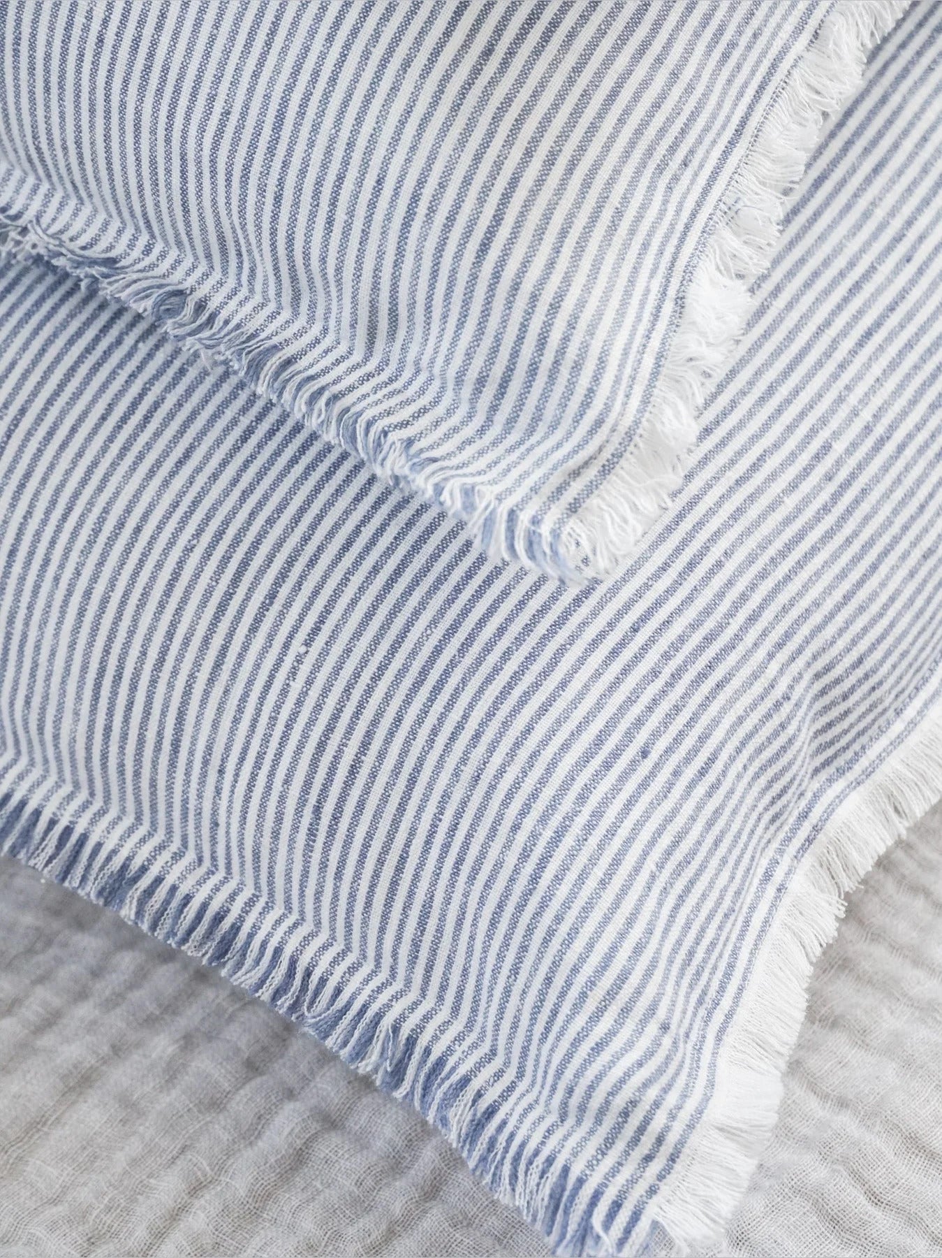 Pinstripe Fringe Linen Pillow - Blue