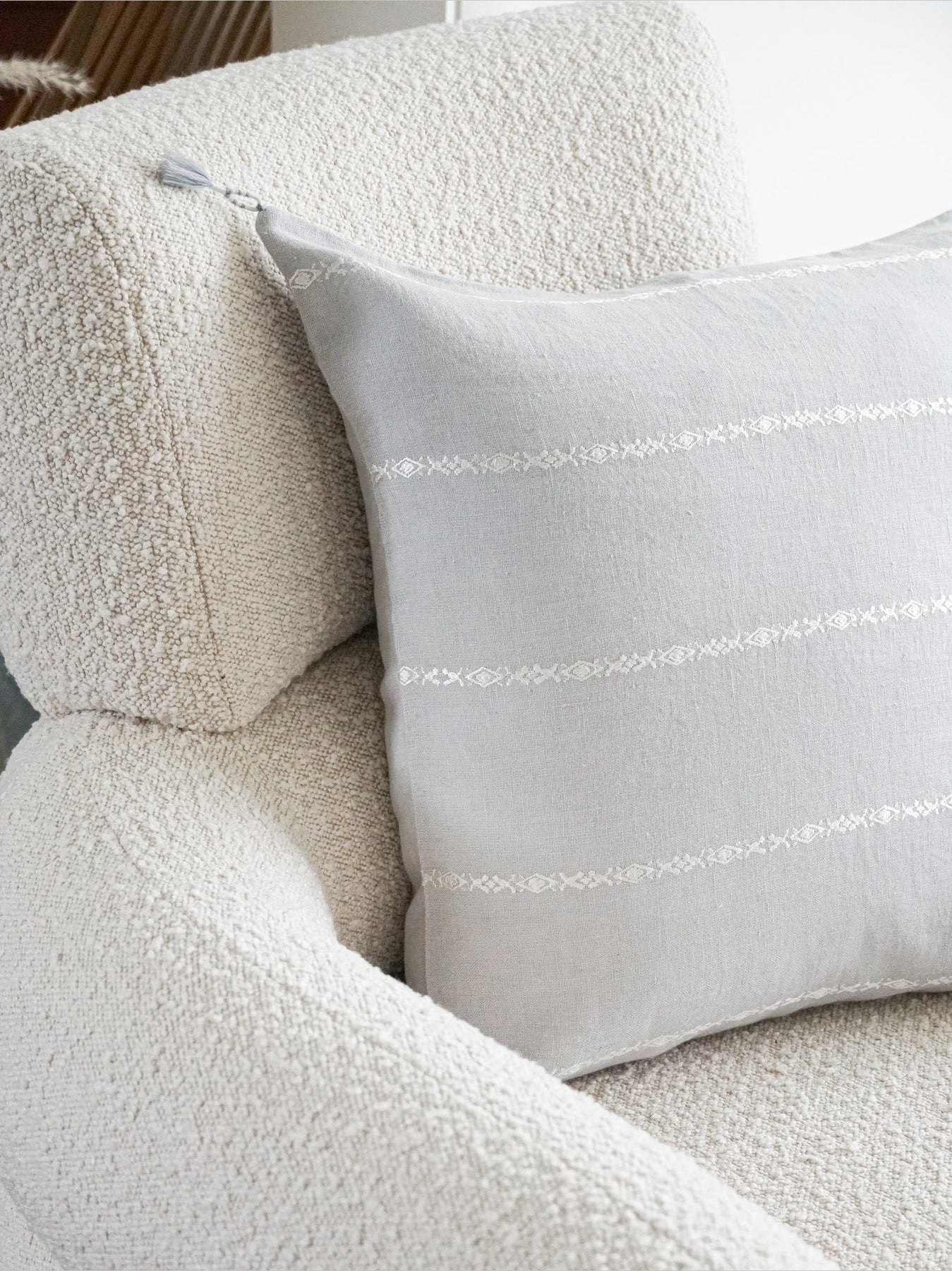 Seville Embroidered Stripe Linen Pillow - Light Grey