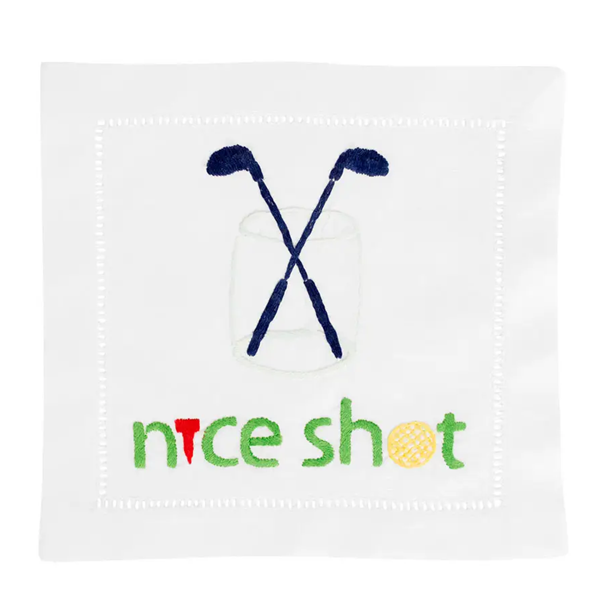 Cocktail napkin featuring a glass with two golf clubs inside, perfect for golf enthusiasts and adding a touch of humor to your cocktail gatherings.