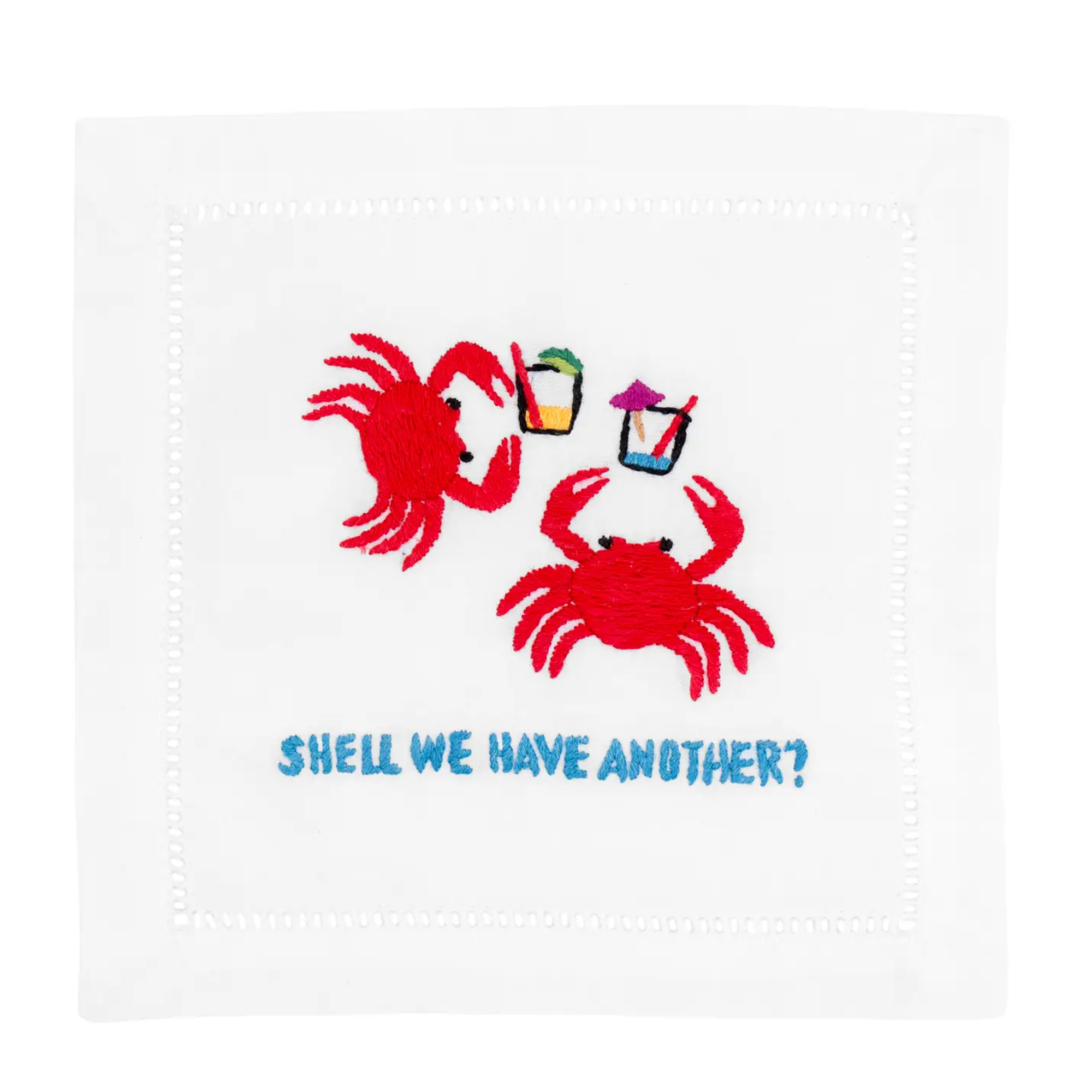 Shell We Have Another Cocktail Napkins depicting two crabs holding drinks, playfully suggesting the idea of having another round of cocktails, perfect for beach themed gatherings.
