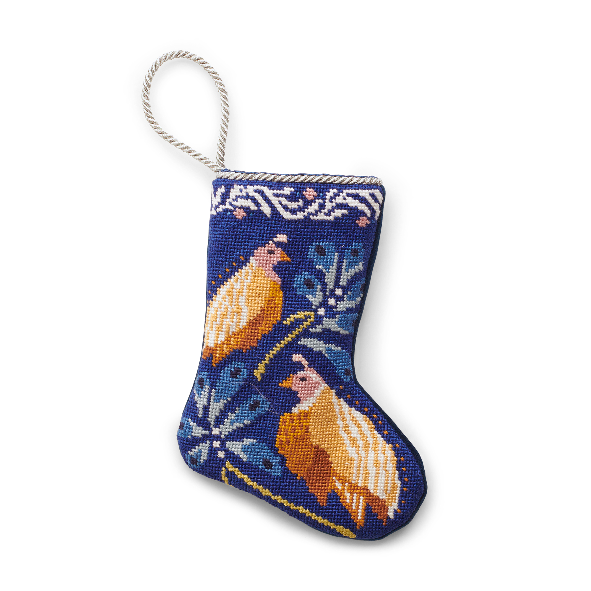 A charming Christmas stocking, featuring an illustrated two birds contrasted to the dark blue background. A gold loop at the top, is making it perfect as tree ornament, place setting, or for hanging by the fireplace.