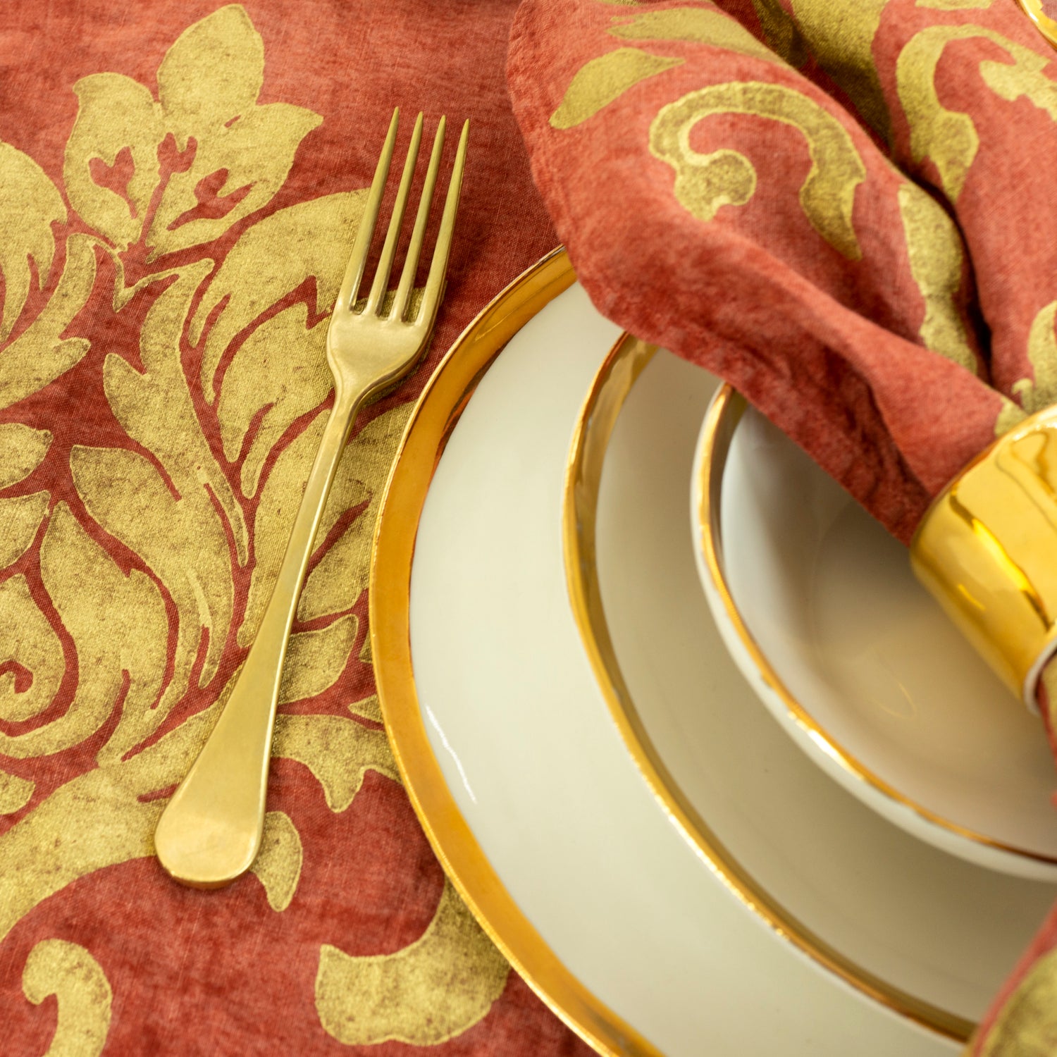 Isabella Tablecloth - Burnt Orange + Gold