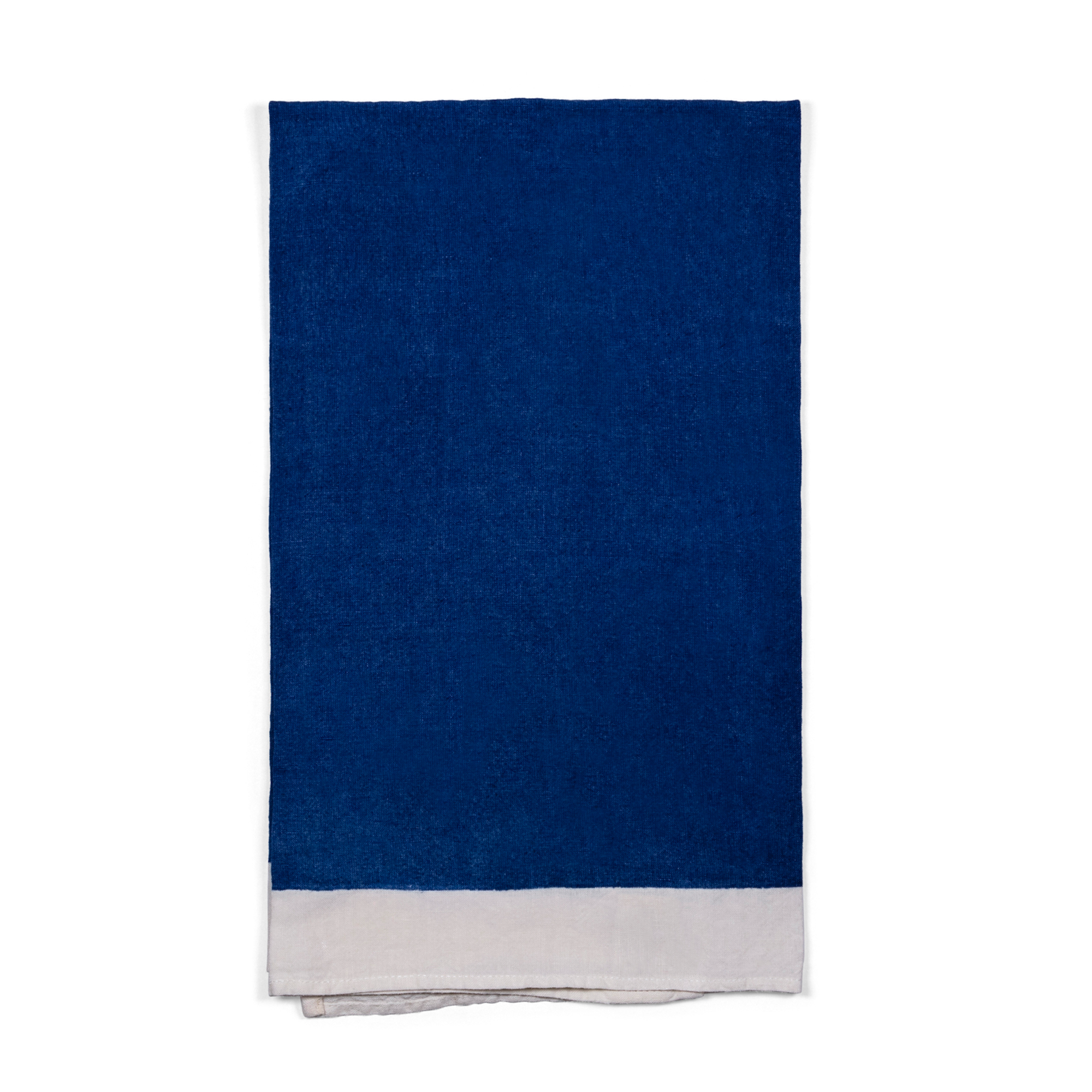 A stylish dark blue linen tea towel with white borders, handmade using pear wood. Can be used in kitchen, for breakfast, formal dining, or garden tablescape.