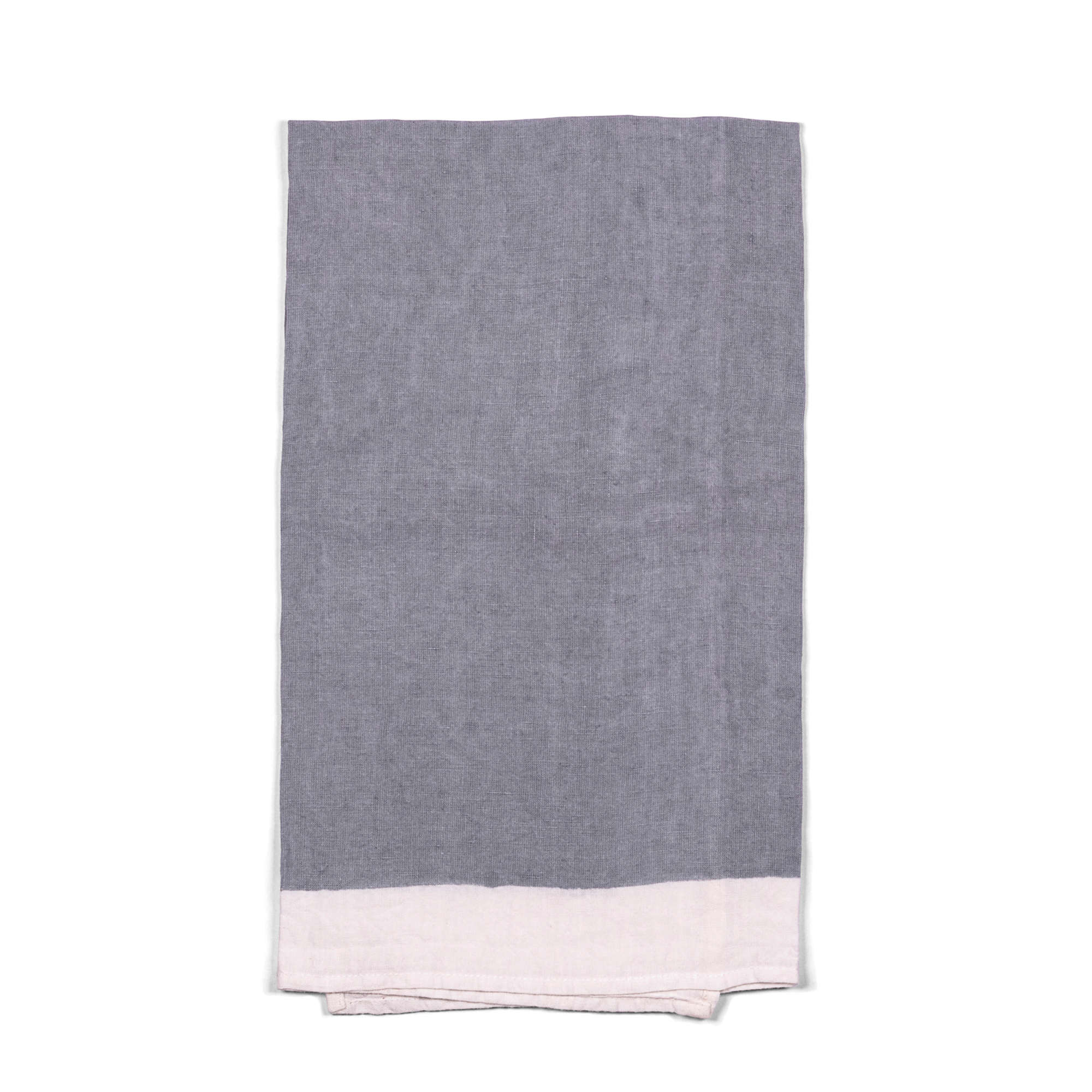 A stylish grey linen tea towel with white borders, handmade using pear wood. Can be used in kitchen, for breakfast, formal dining, or garden tablescape.