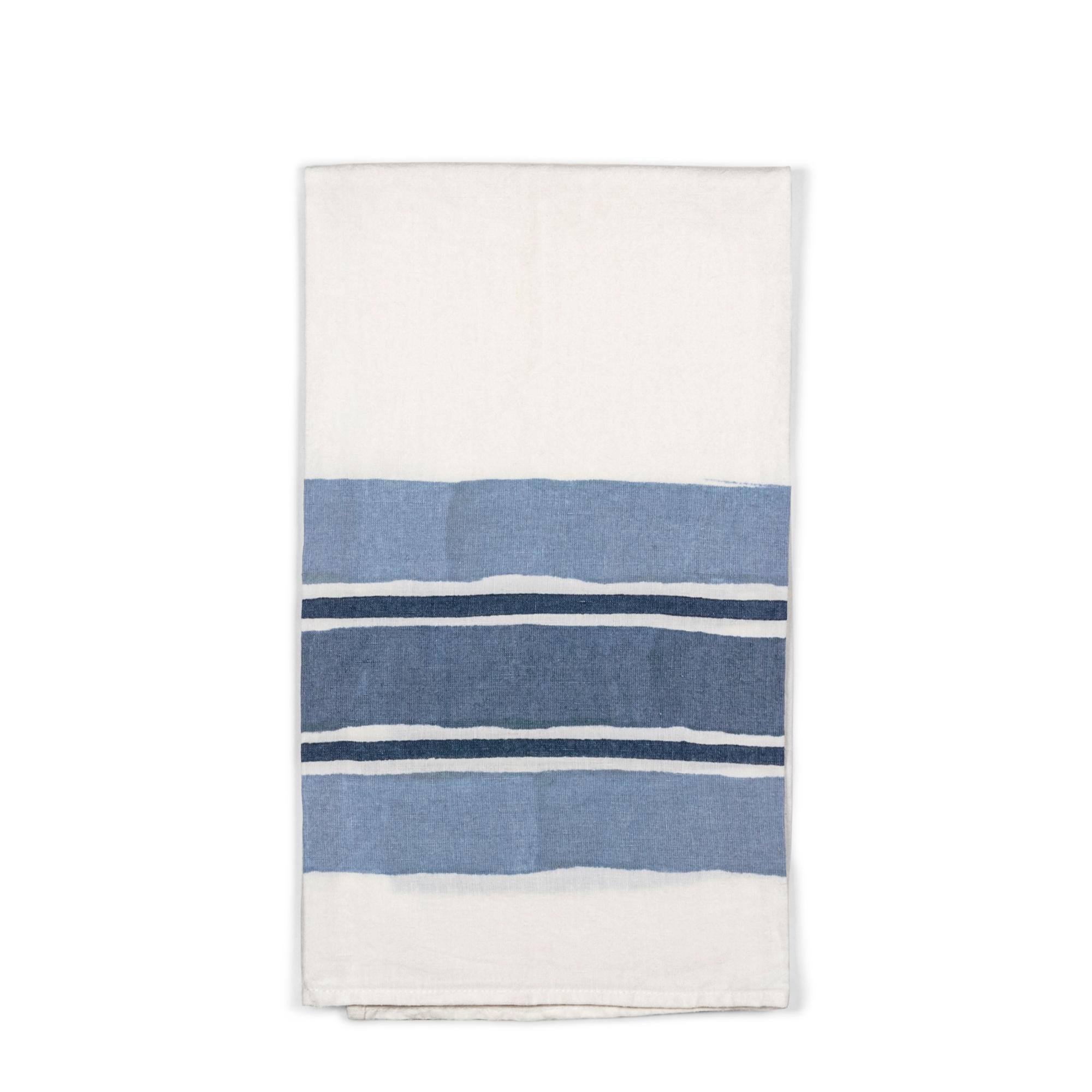 A 100% linen white tea towel, with lighter and darker blue stripes, handmade of pear wood. Perfect for breakfast, formal dining, a garden tablescape, or using in kitchen.