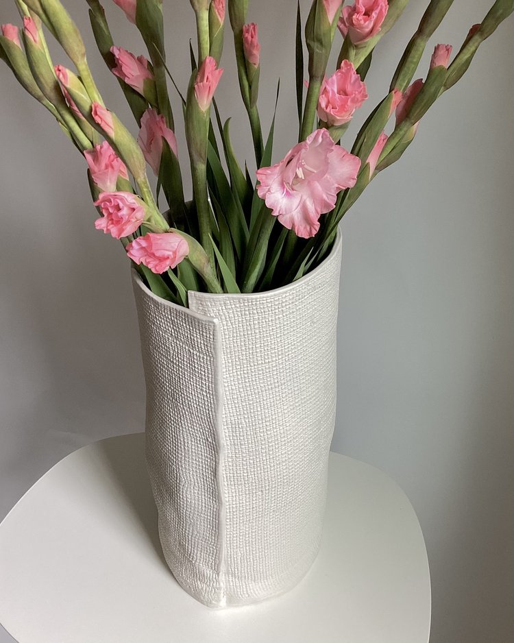 Burlap Fold Cylindrical Vase - White