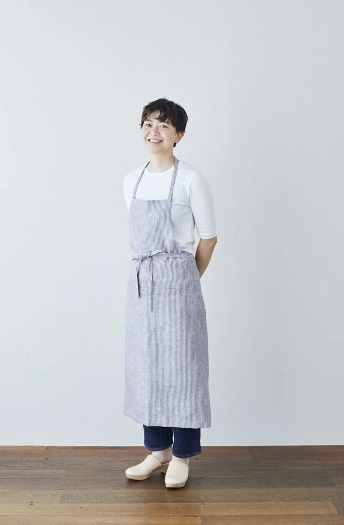Linen Full-Length Apron - Grey + White Striped