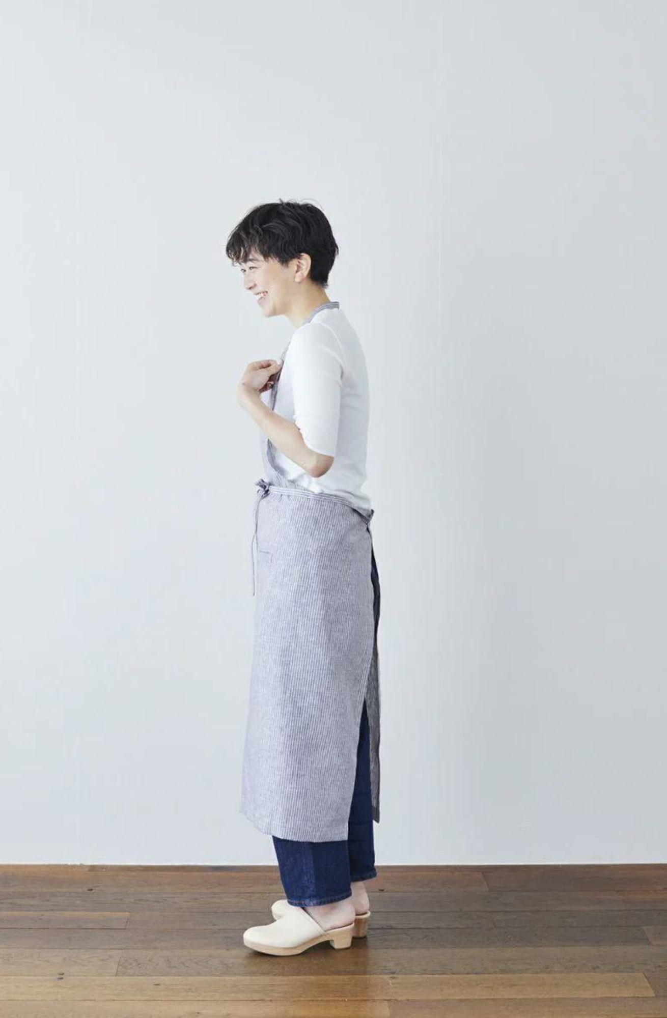 Linen Full-Length Apron - Grey + White Striped