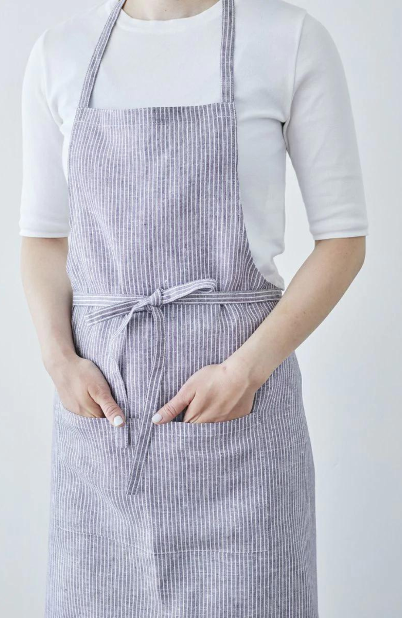 Linen Full-Length Apron - Grey + White Striped