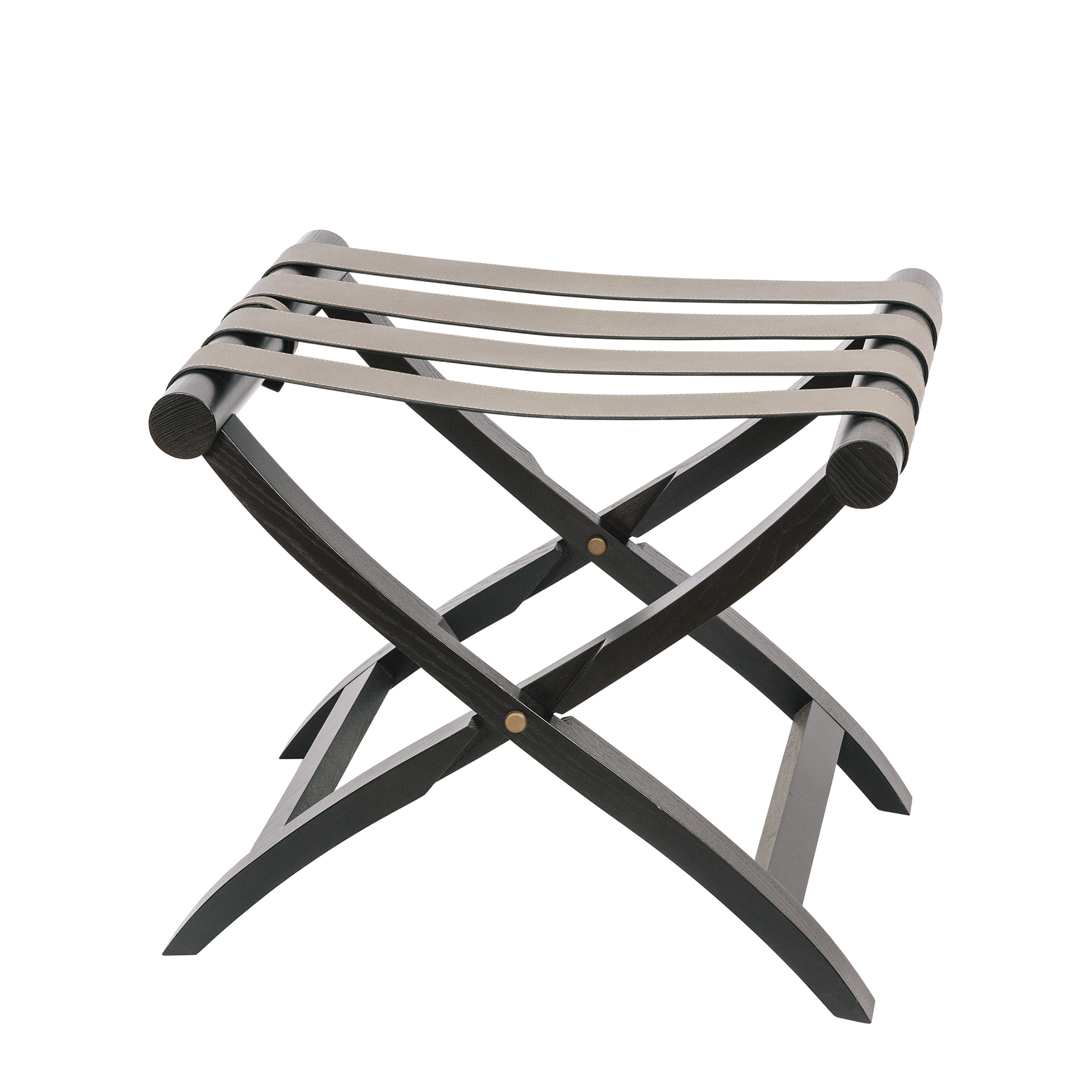 Constructed from rich dark-brown Wenge wood with leather straps on its X-shaped frame. A leather band serves as a secure fastener, allowing it to be easily folded and stored or left out as a stand for trays or decoration.