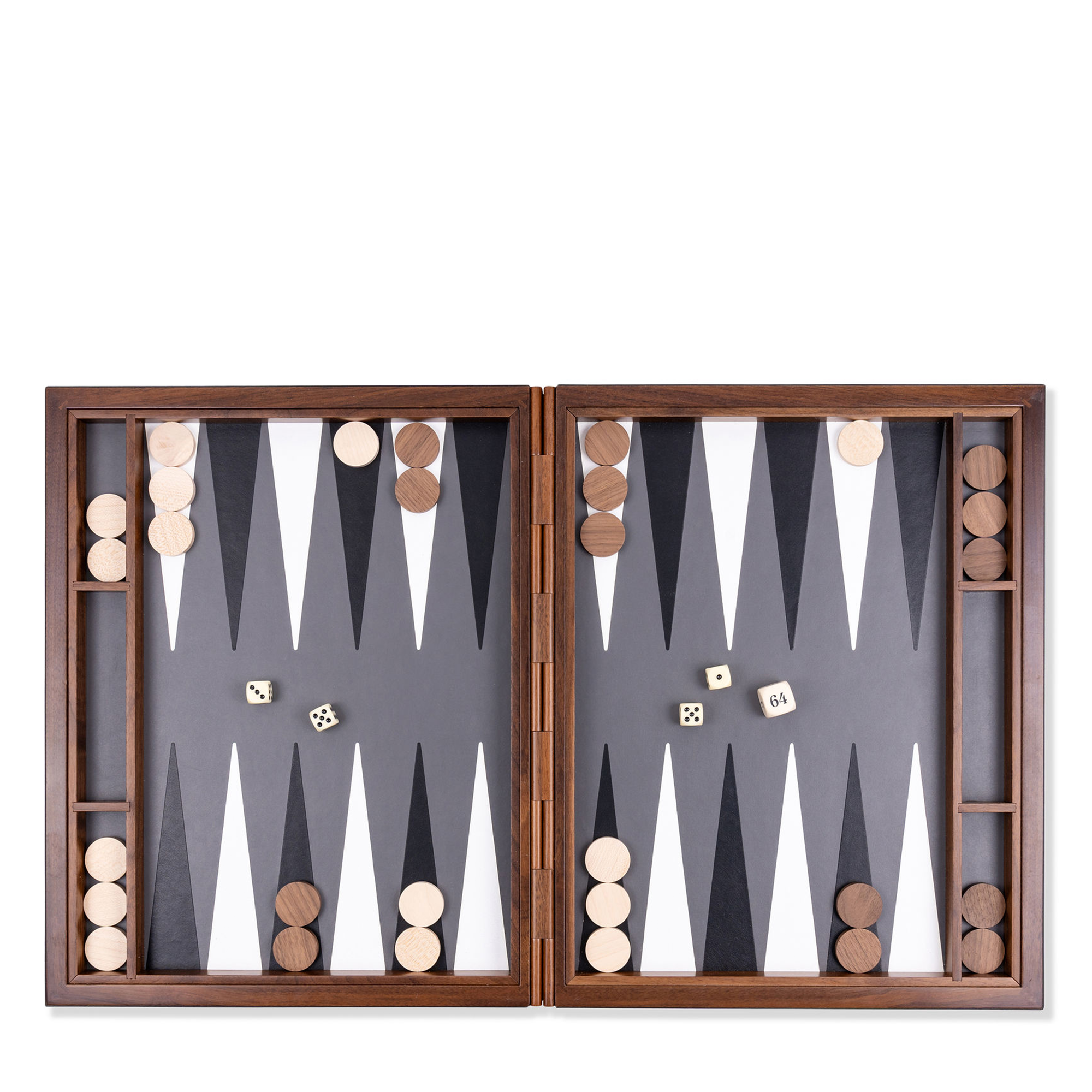This luxurious backgammon set, covered in embossed calfskin leather, features striking colors for a classic yet contemporary look. Perfect for display and play, it comes with a suede case for stylish storage. Brown, white, black, and grey details.