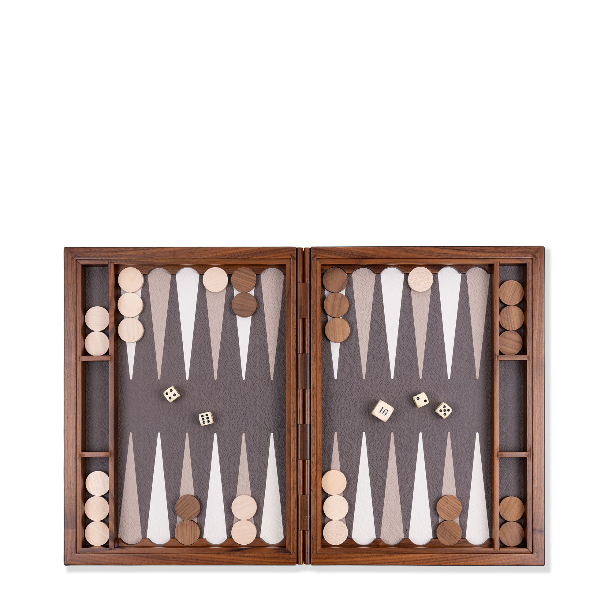 This luxurious grey backgammon set, covered in supple calfskin leather, features striking colors for a classic yet contemporary look. Perfect for display and play, it comes with a suede case for stylish storage.