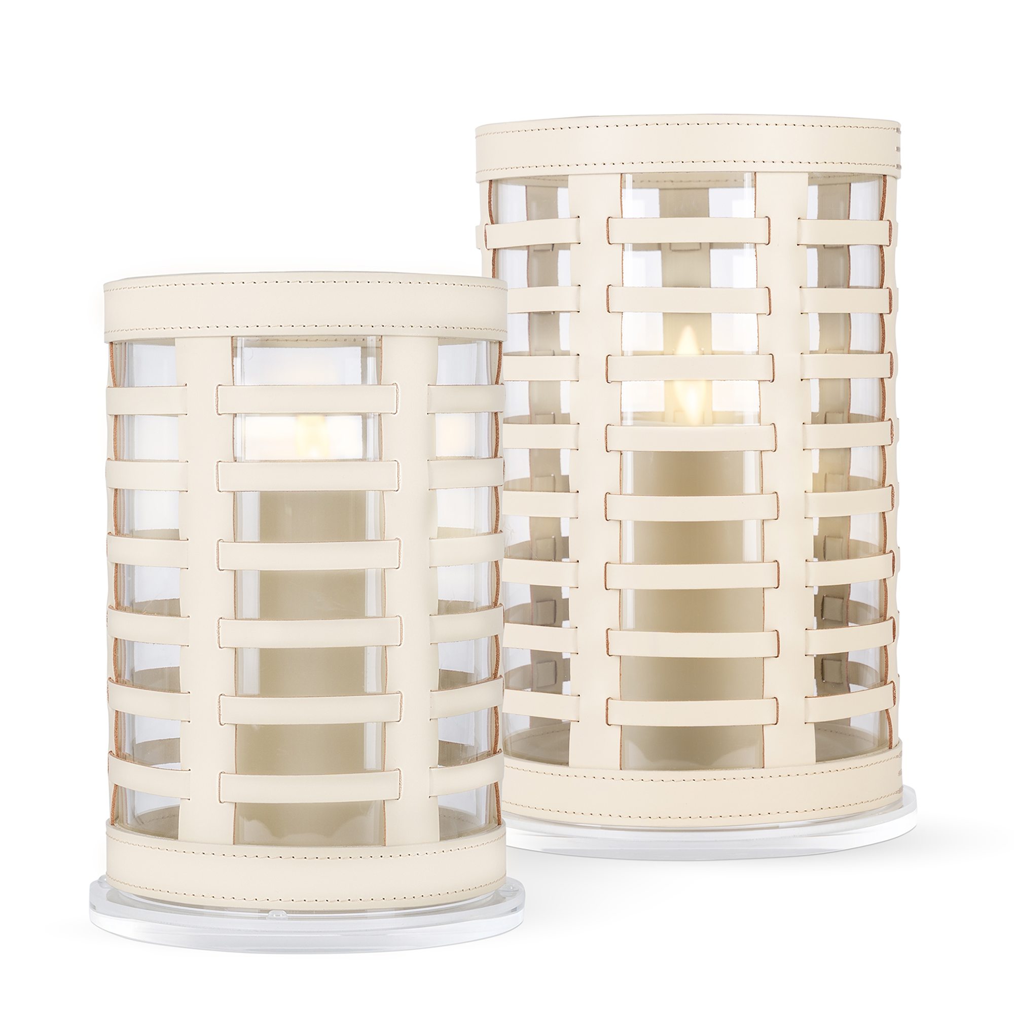 Crafted from durable acrylic and luxurious, ivory calfskin, these elegant small outdoor lanterns are suitable for both indoor and outdoor spaces, adding a touch of sophistication to your decor.