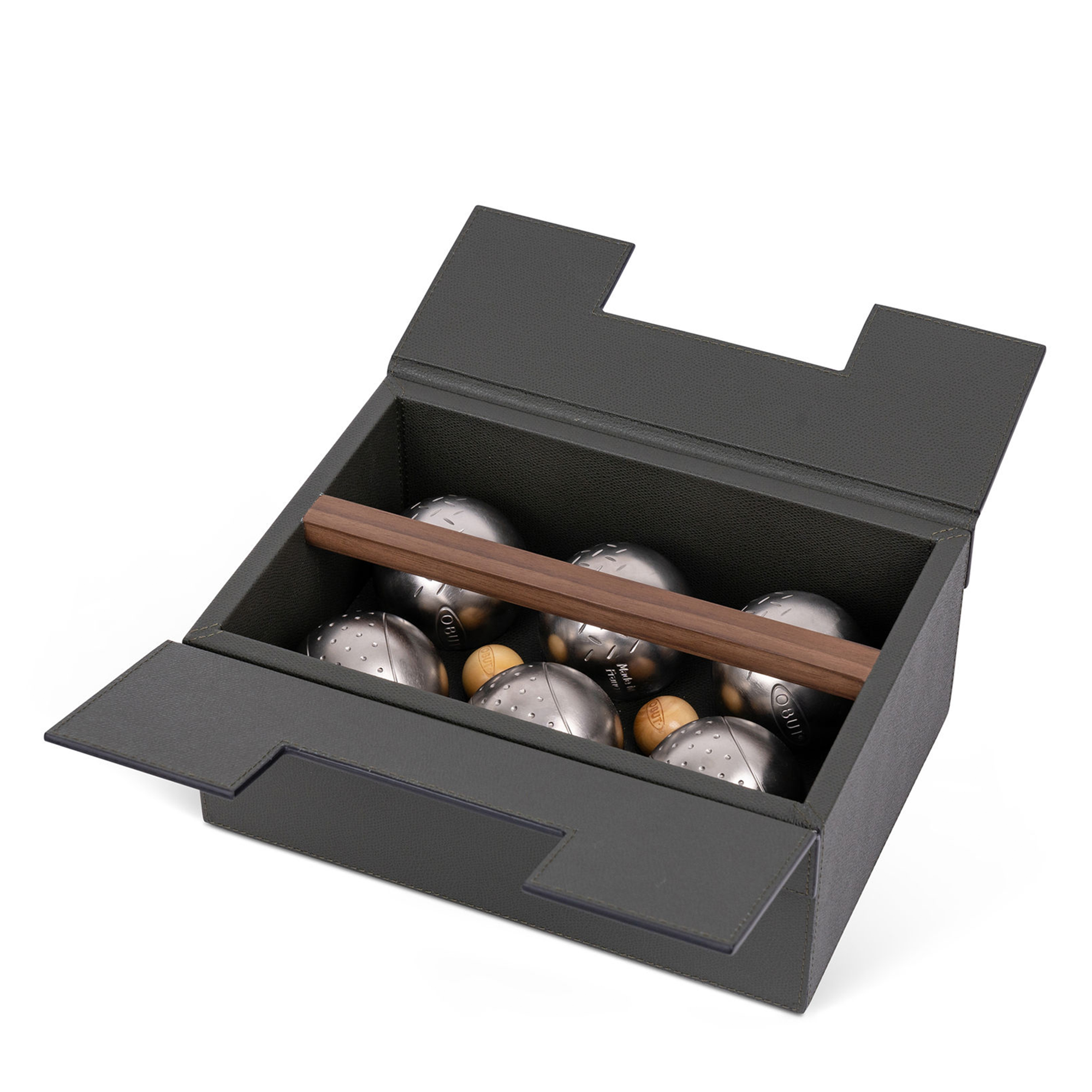 This classic Mediterranean Bocce Game Set comes in an elegant wooden case covered with luxurious black leather and a solid walnut wood handle. It includes six robust stainless steel balls and two wooden jacks as target balls.