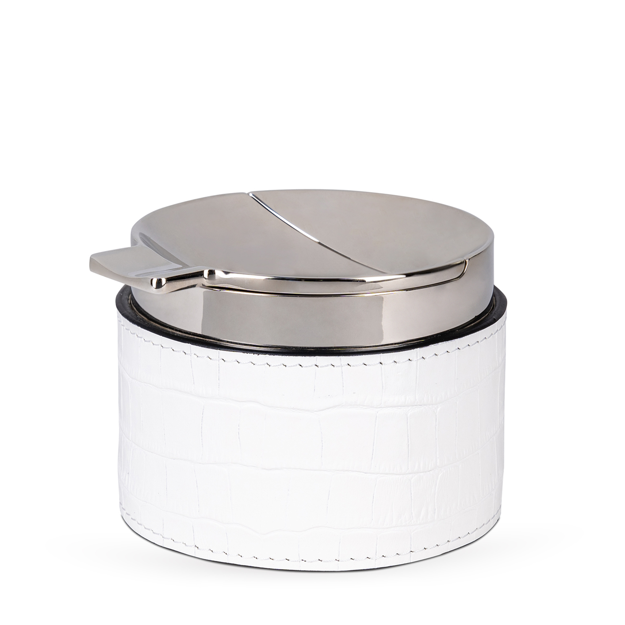 This sleek, cylindrical ashtray features a white croc-embossed leather base and a removable chrome-plated center chamber. Windproof and easy to clean, it also includes a cigar holder.