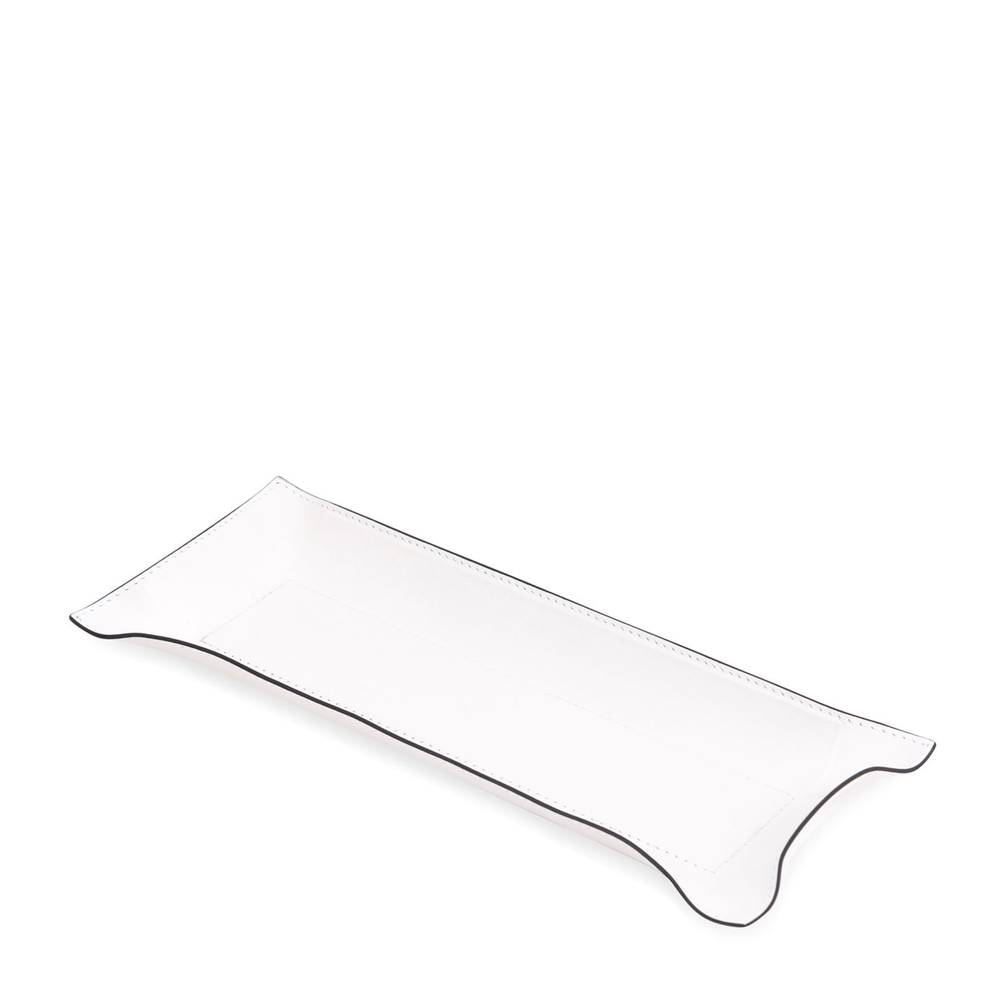 This rectangular white tray with black borders has the hard base and flexible sides that can be adapted to your preferred arrangement. Covered in the finest calfskin, it makes a both functional and decorative piece for any space at home.