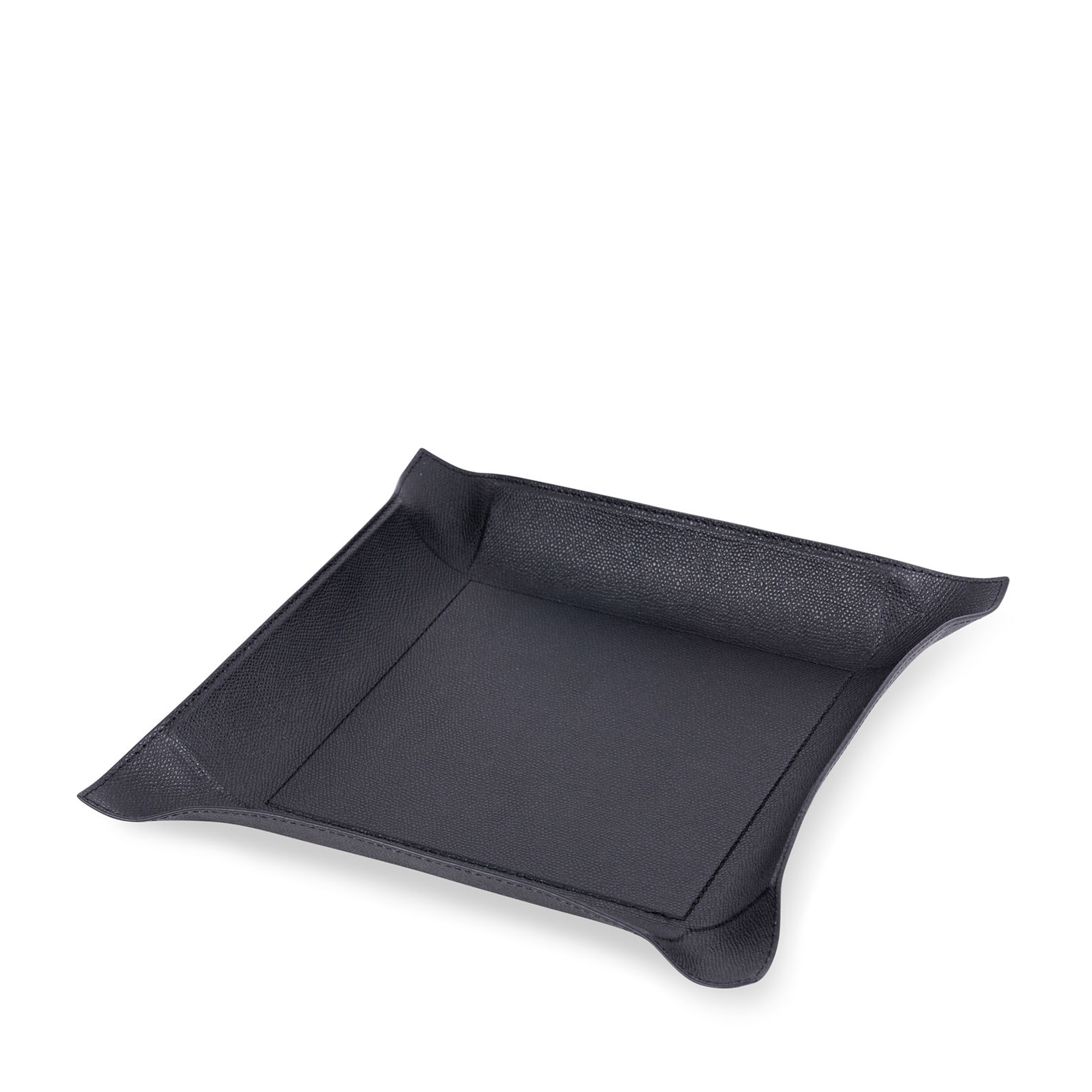 This square metal valet tray, covered in embossed calfskin black leather. Its moldable sides and durable, water- and scratch-proof leather make it perfect for use on a desk, kitchen counter, side table, or foyer.