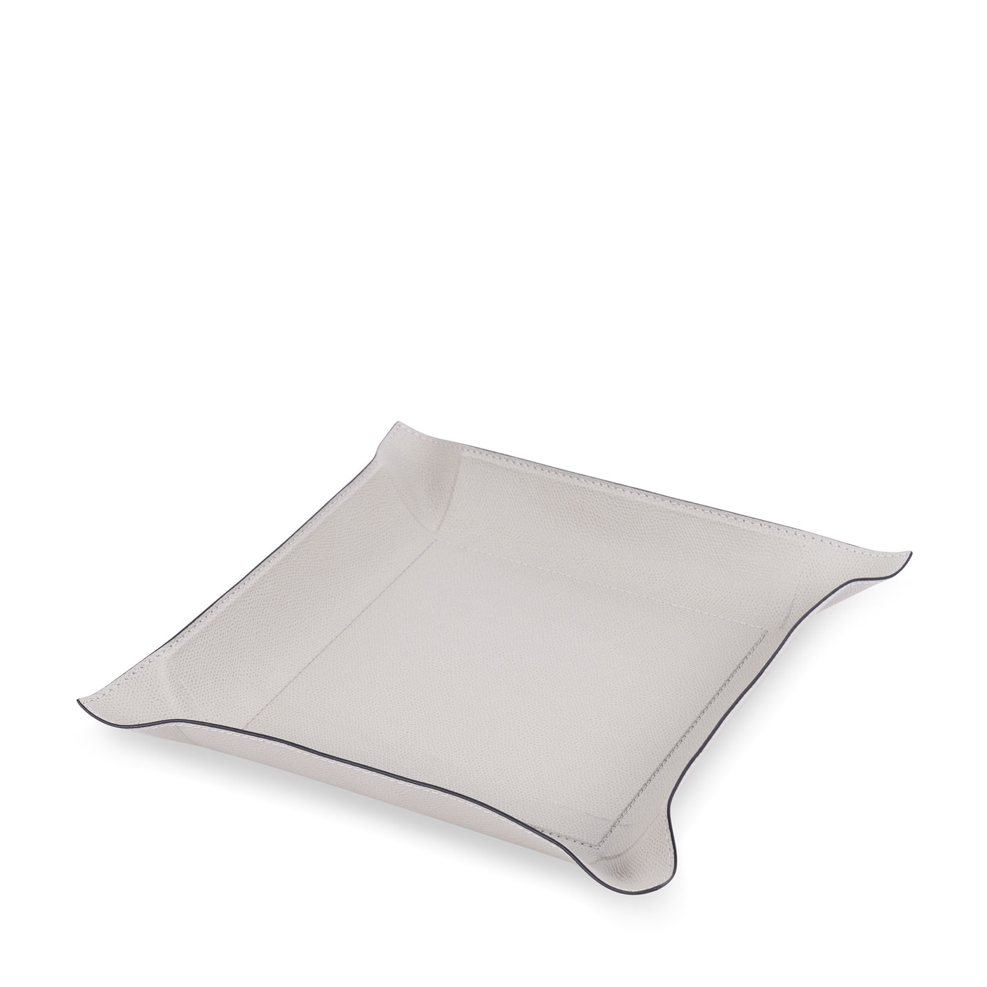 This square metal valet tray, covered in embossed calfskin grey leather with black borders. Its moldable sides and durable, water- and scratch-proof leather make it perfect for use on a desk, kitchen counter, side table, or foyer.