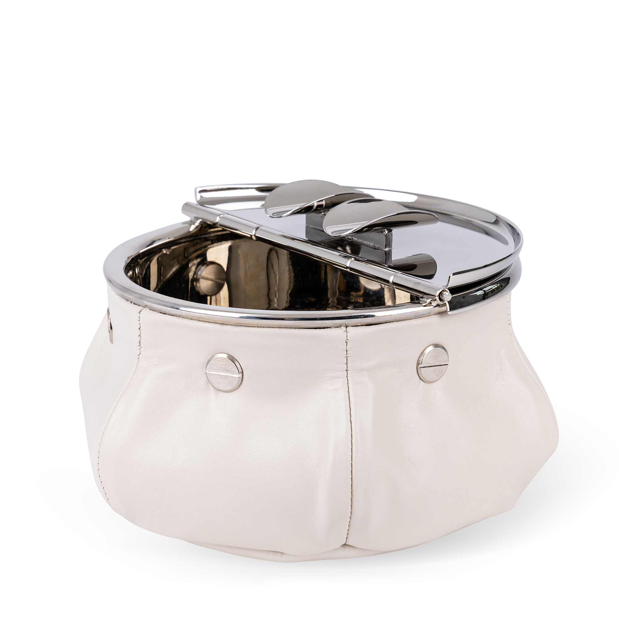 This windproof ashtray features a metal container that collects ashes, a metal lid containing the ashes, and cigar (or cigarette) holders underneath. Luxuriously covered in off-white nappa leather, it makes a functional and decorative piece for any space.
