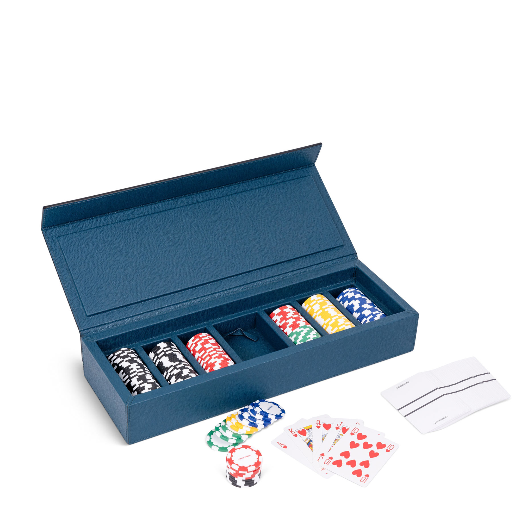 The Parma Leather Poker Case in Petrol Blue Golf is handcrafted from walnut and mahogany, covered in calfskin leather. The set includes a deck of playing cards, poker chips with five denominations, compartments for storage, and a magnetic closure.