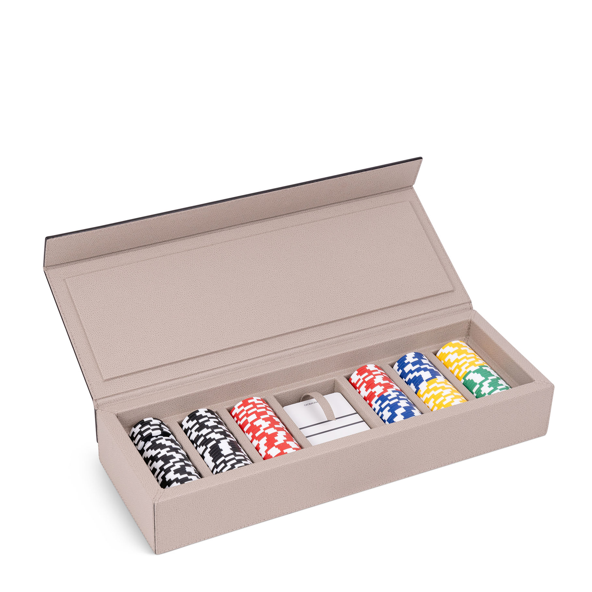 The Parma Leather Poker Case in Stone Golf is handcrafted from walnut and mahogany, covered in calfskin leather. The set includes a deck of playing cards, poker chips with five denominations, compartments for storage, and a magnetic closure.
