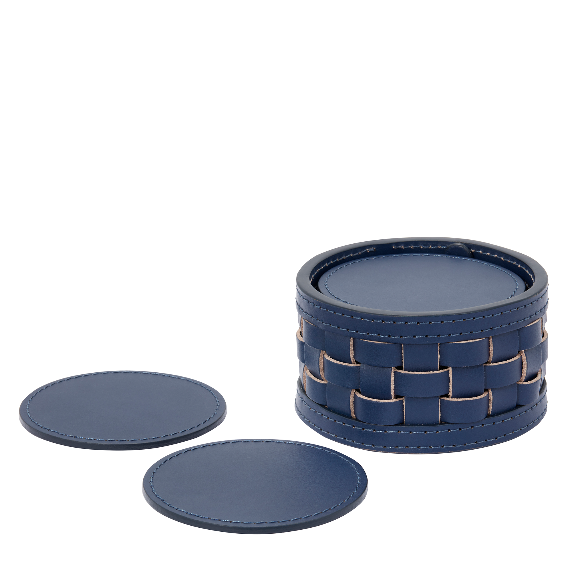 Designed for outdoor use, these coasters are handmade from the finest Italian leather with sun and water protection. The set of eight coasters comes in a matching hand-braided holder, combining style and durability for your yacht deck, poolside, or garden gatherings.