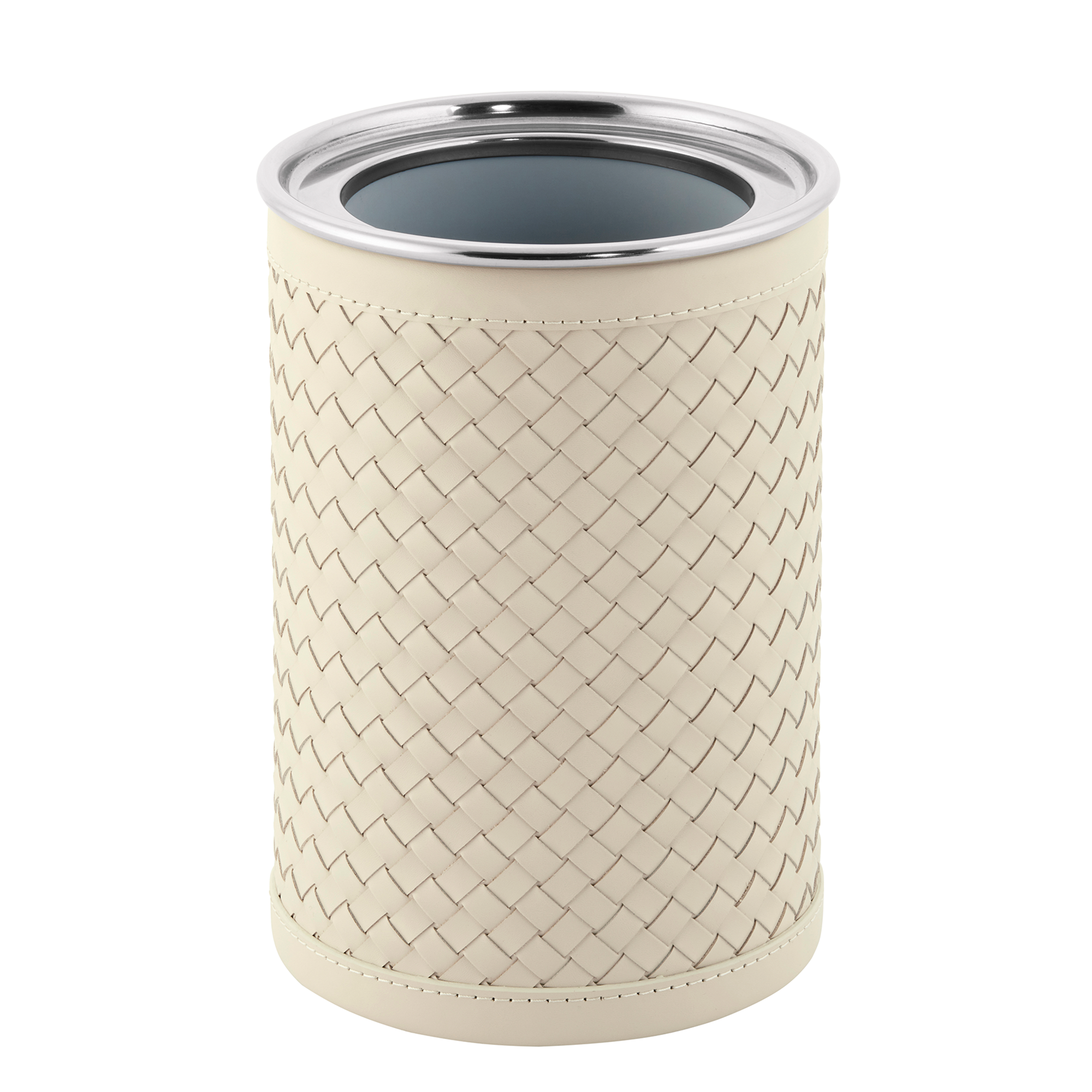 This ivory stainless steel bottle cooler is both water- and scratch-resistant. Handwoven from premium Italian calfskin leather.