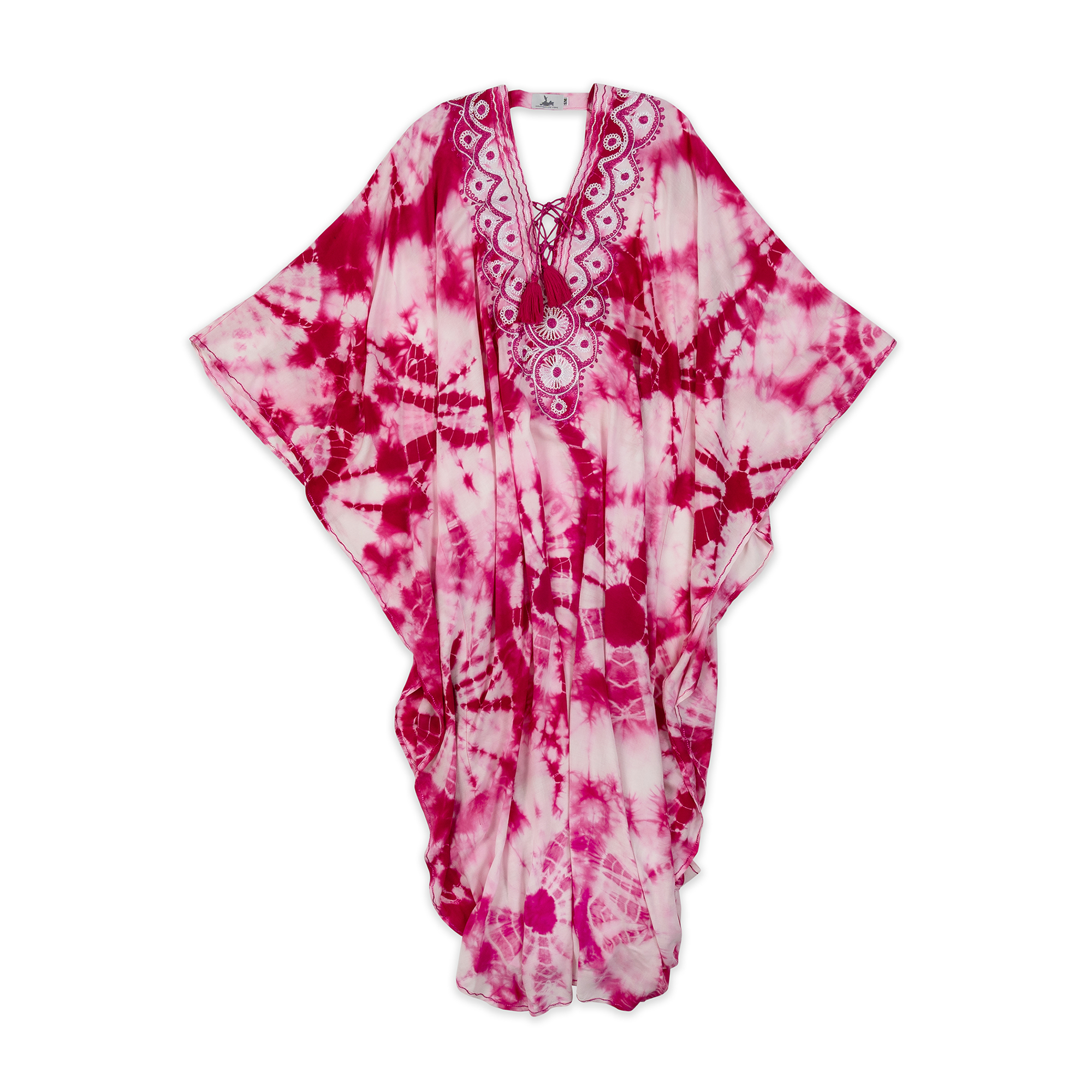 A vibrant pink and white tie-dye kaftan featuring intricate lace detailing on the neckline. The flowing, airy design provides comfort and style, making it perfect for beach outings or relaxed summer days. This elegant piece combines bohemian charm with a touch of sophistication.