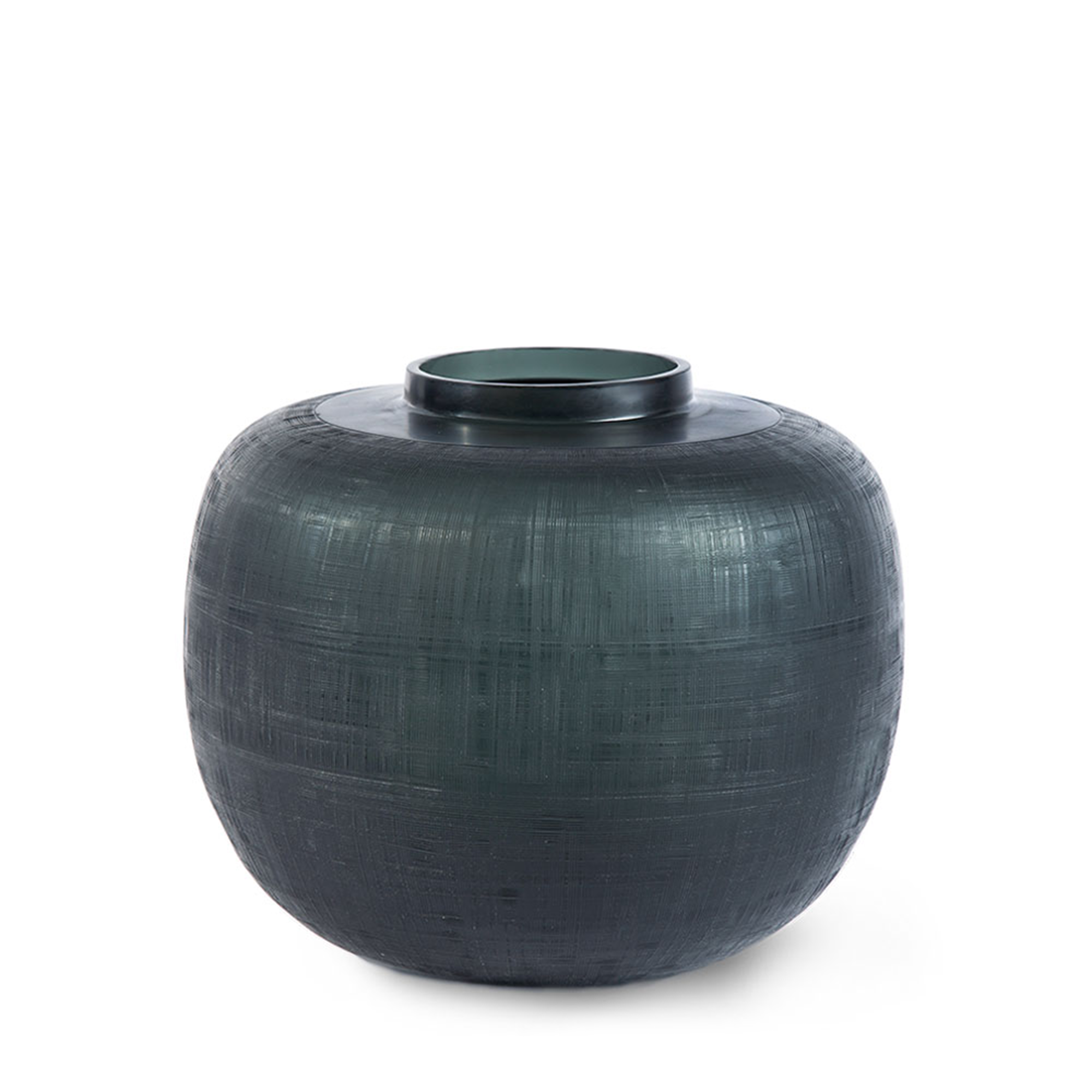 This mouth-blown, hand-cut spherical glass vessel features a textured surface and a dark indigo hue, with an expressive use of color and texture.
