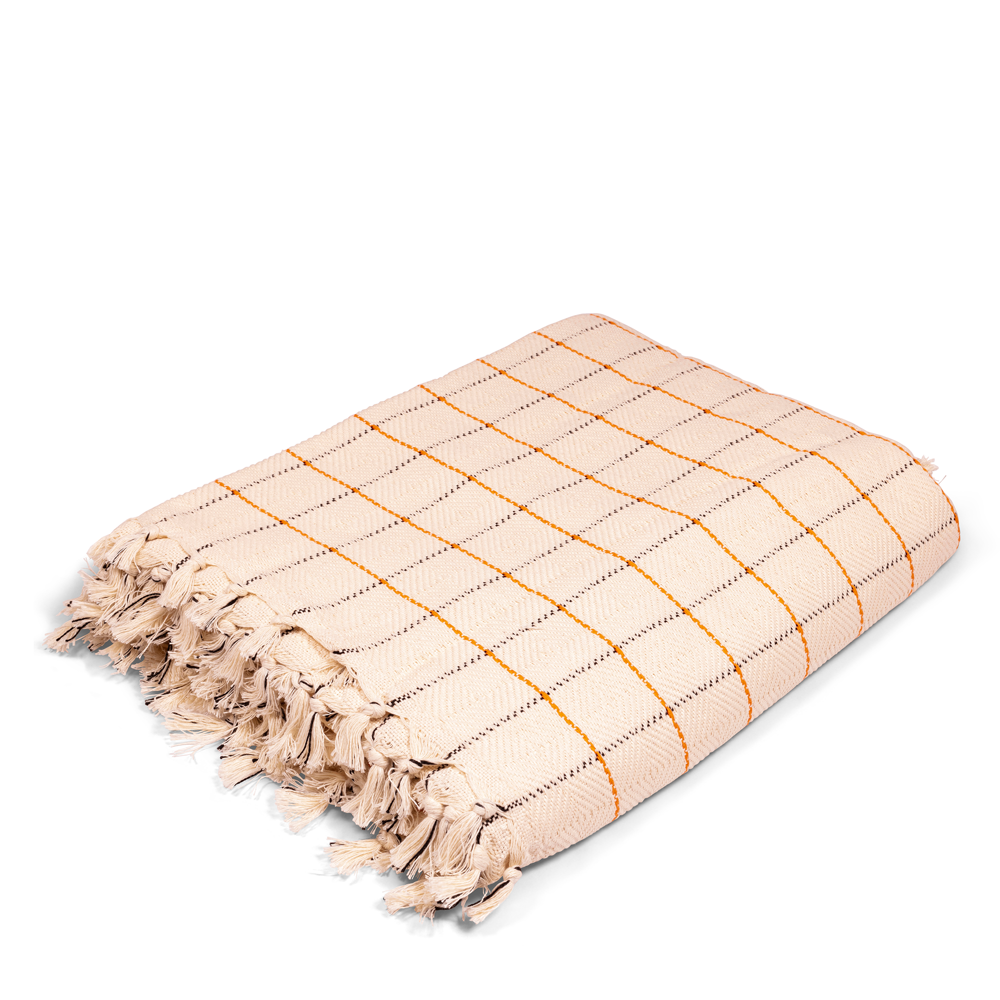 This soft, lightweight, organic cotton beige bedspread also works as an oversized throw or picnic blanket. The Turkish cotton, orange and black tattersall design, and hand-crafted tassels provide a luxurious feel and contemporary charm. Perfect for year-round use.