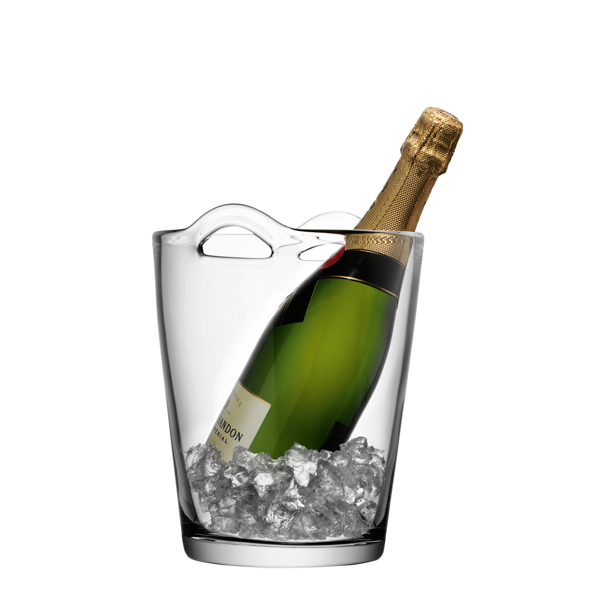 A classic glass ice bucket with a generous conical shape and looped handles, ideal for chilling champagne. Mouth-blown by skilled artisans, it features a scissor-cut rim and hand-shaped handles for a timeless look.