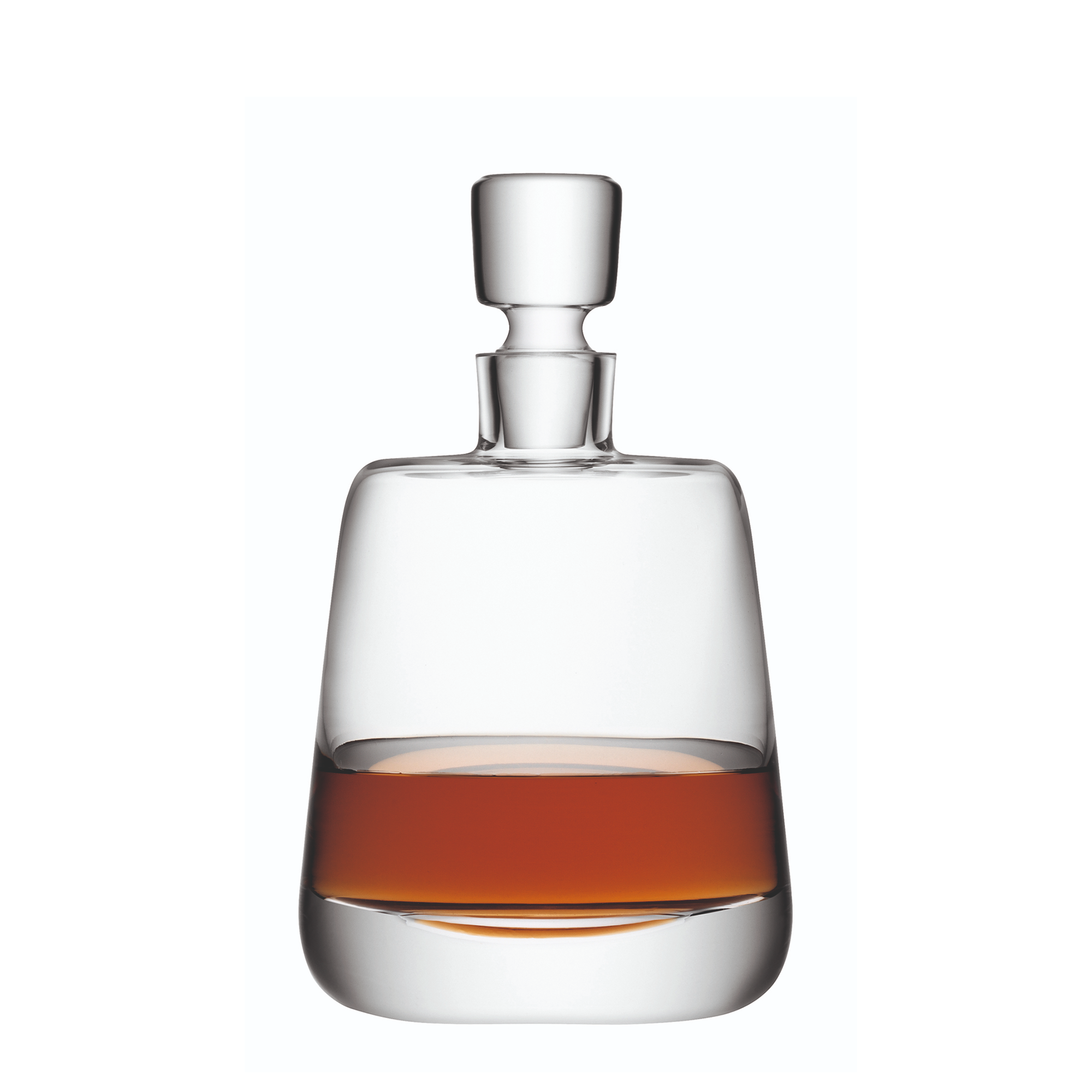 Mouth-blown decanter with a conical shape, heavy base, and a hand-ground cylindrical stopper. The stopper's height matches the base's thickness.