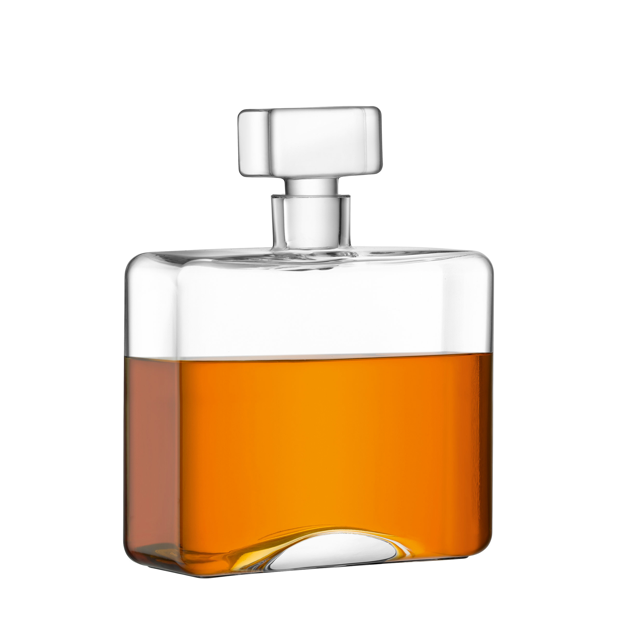 Square glass decanter with a broad base and narrow neck, filled with amber-colored liquid, topped with a matching glass stopper.