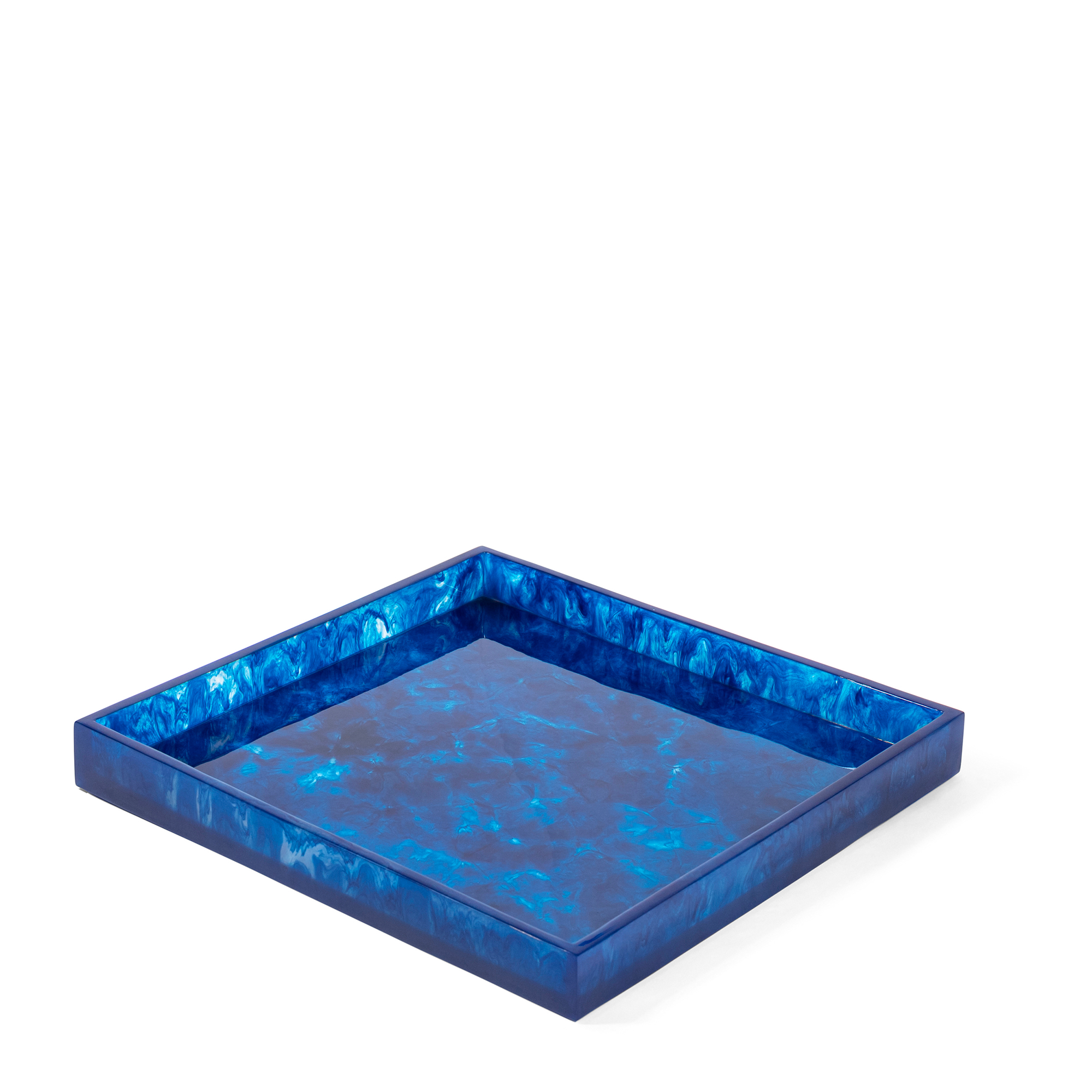 This vibrant blue square tray features a marbled pattern that combines rich, swirling hues of blue and turquoise, creating an eye-catching effect. The tray’s high-gloss finish enhances the depth of its design with raised edges.